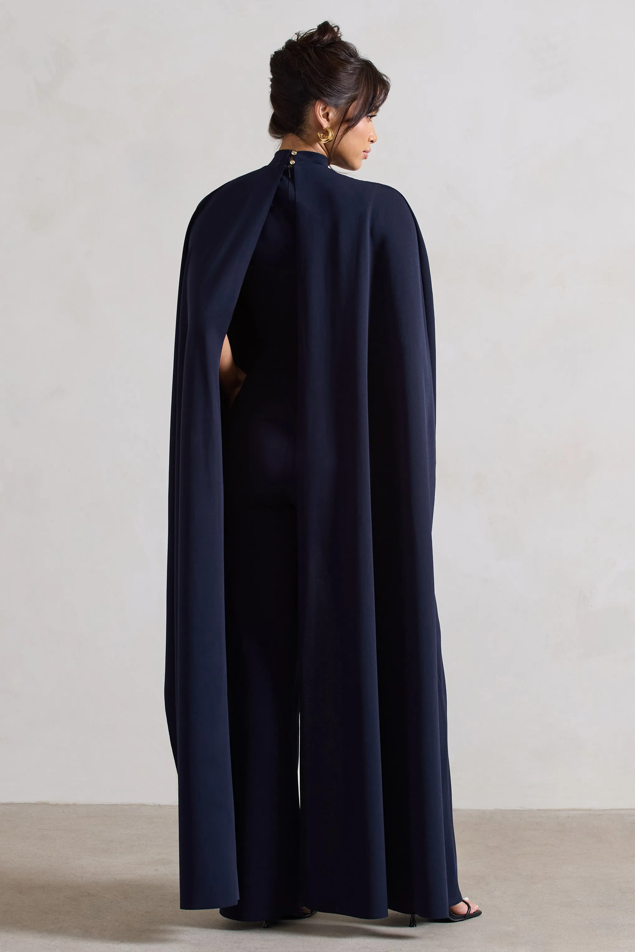 Indra | Navy High-Neck Wide-Leg Cape Jumpsuit