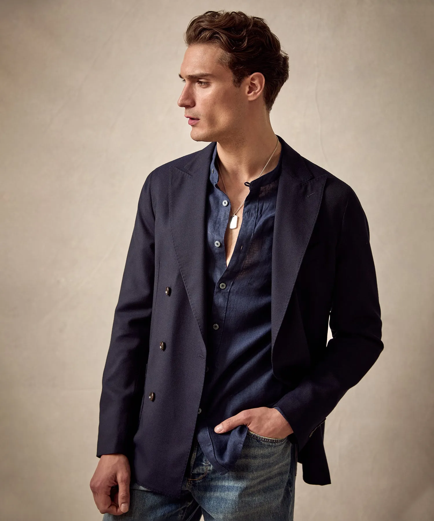 Italian Lightweight Wool Hopsack Double Breasted Sport Coat in Navy