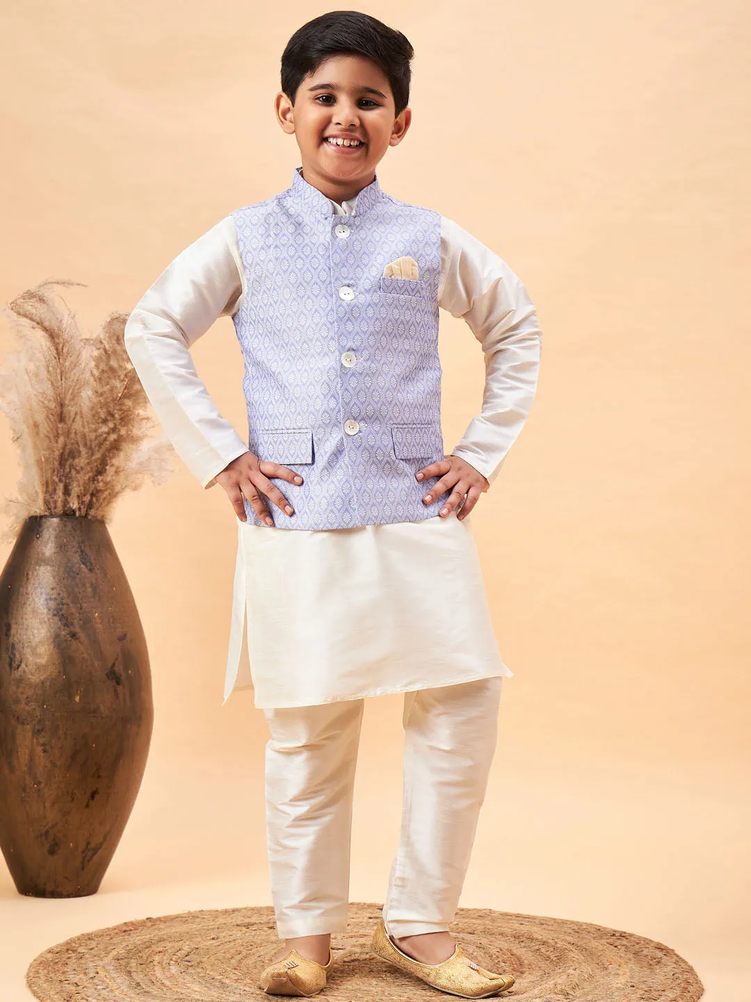 Jashvi Boy's Lavender Woven Jacket With Cream Kurta and Pyjama Set