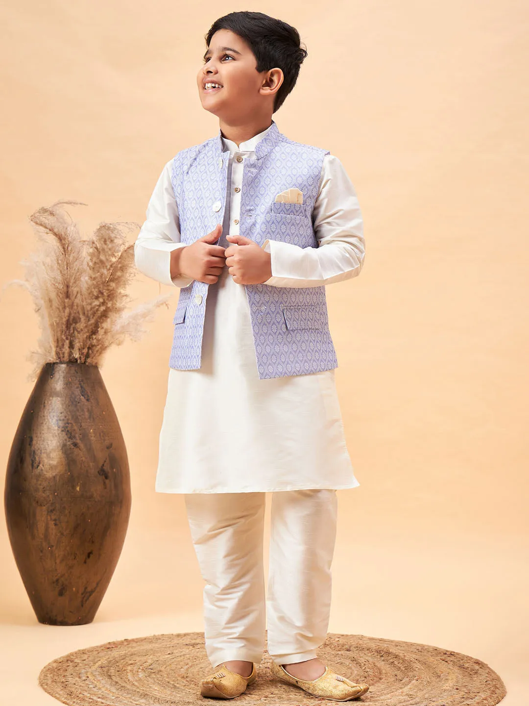 Jashvi Boy's Lavender Woven Jacket With Cream Kurta and Pyjama Set