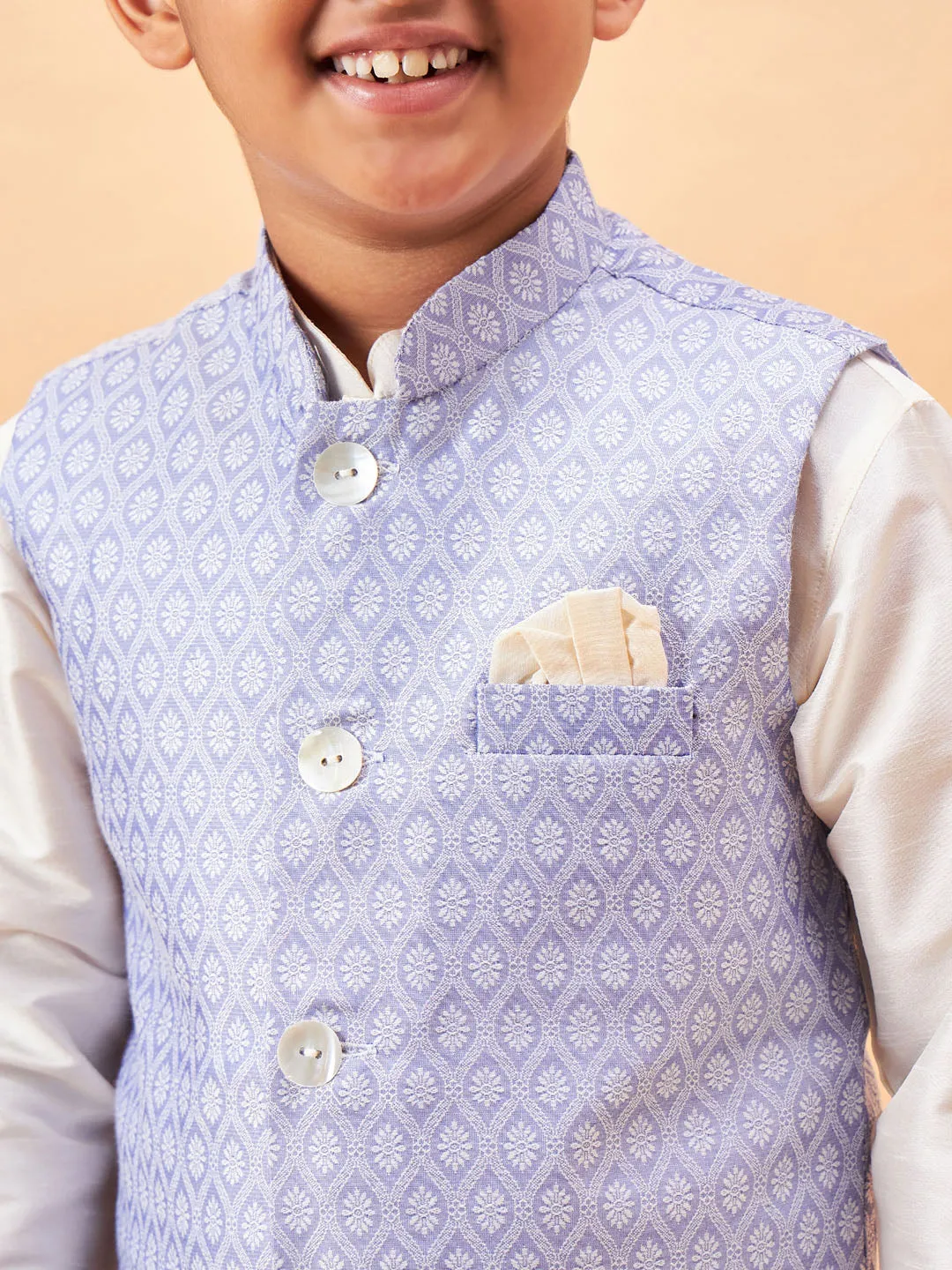 Jashvi Boy's Lavender Woven Jacket With Cream Kurta and Pyjama Set