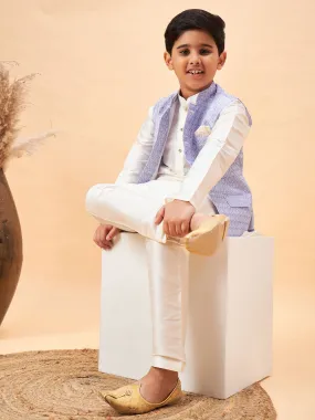 Jashvi Boy's Lavender Woven Jacket With Cream Kurta and Pyjama Set