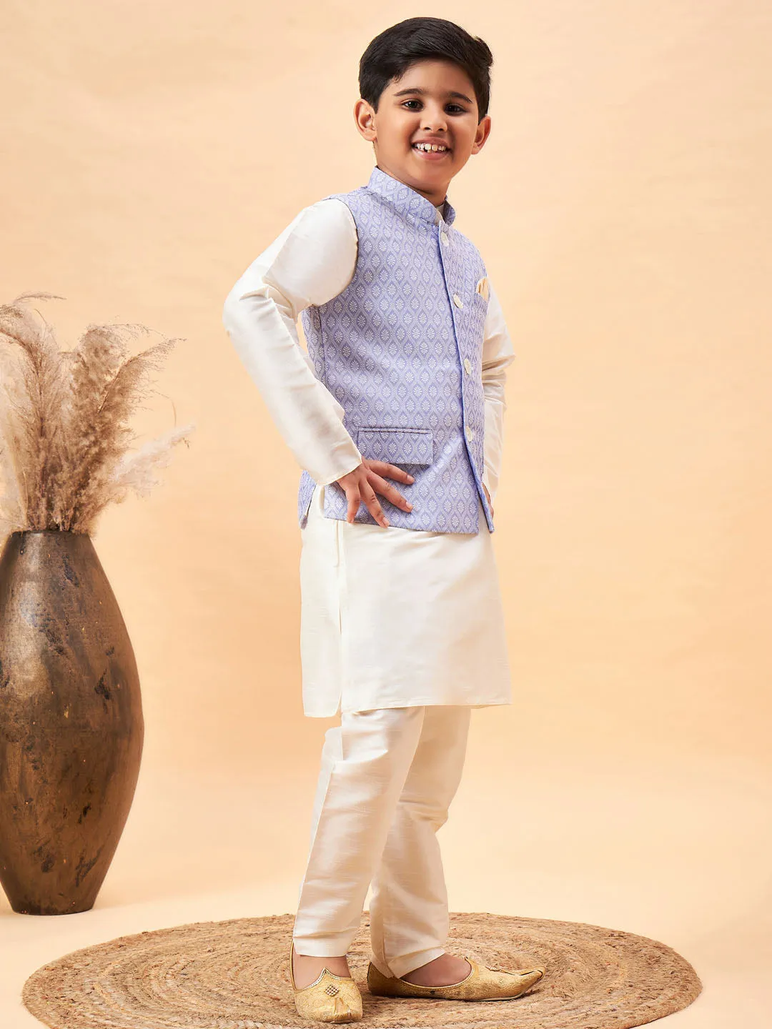 Jashvi Boy's Lavender Woven Jacket With Cream Kurta and Pyjama Set