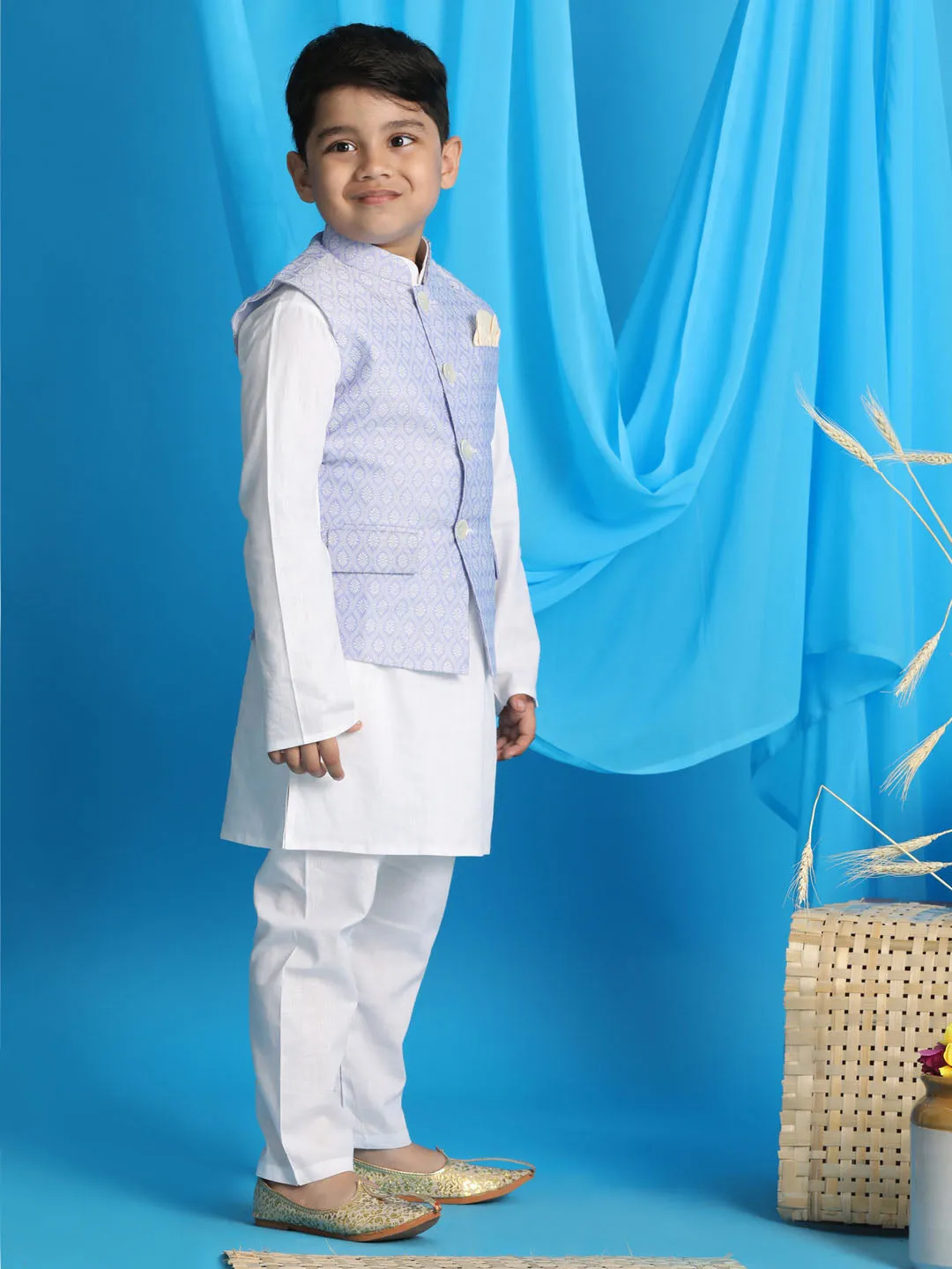 Jashvi Boy's Lavender Woven Jacket With White Kurta and Pyjama Set