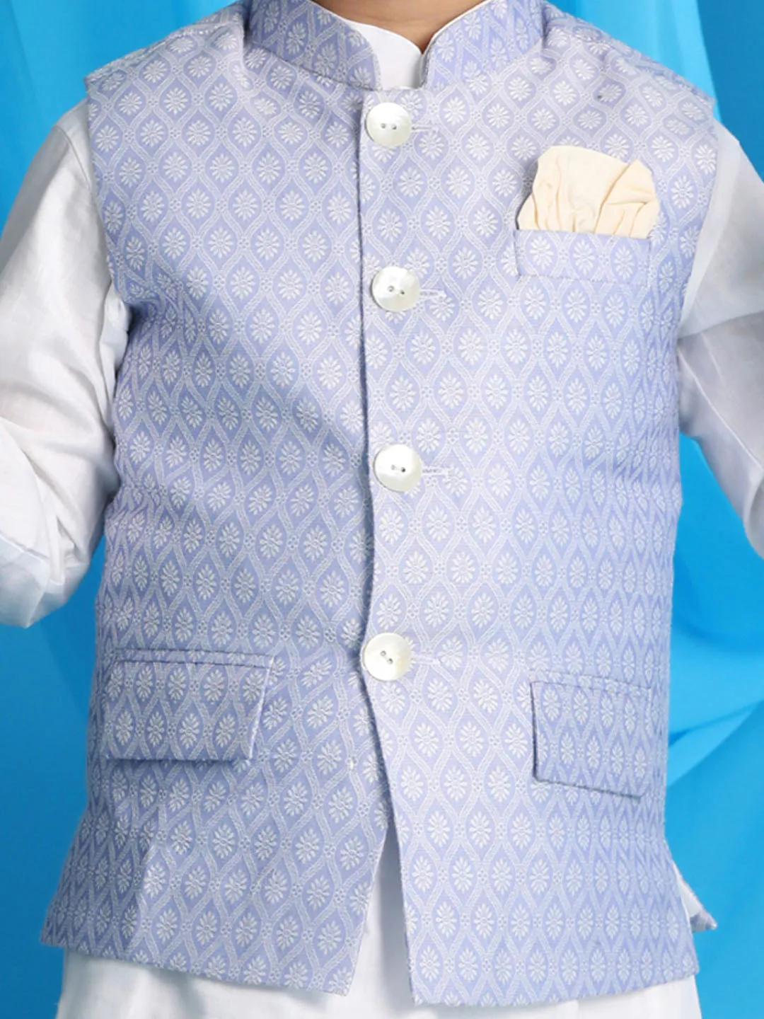 Jashvi Boy's Lavender Woven Jacket With White Kurta and Pyjama Set