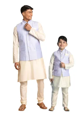 Jashvi Lavender Woven Jacket With Cream Kurta and Pyjama Baap Beta Set