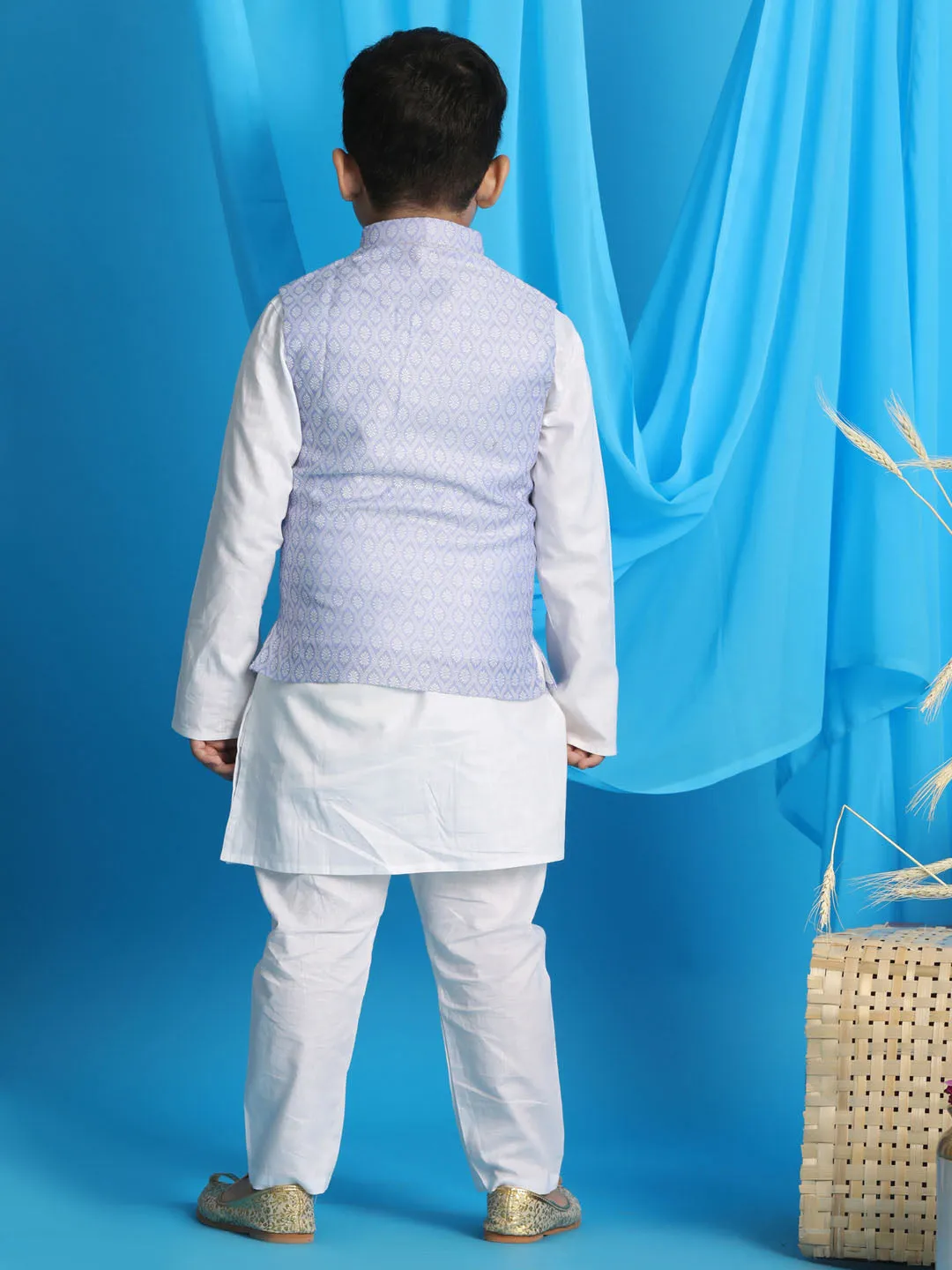 Jashvi Lavender Woven Jacket With White Kurta and Pyjama Baap Beta Set