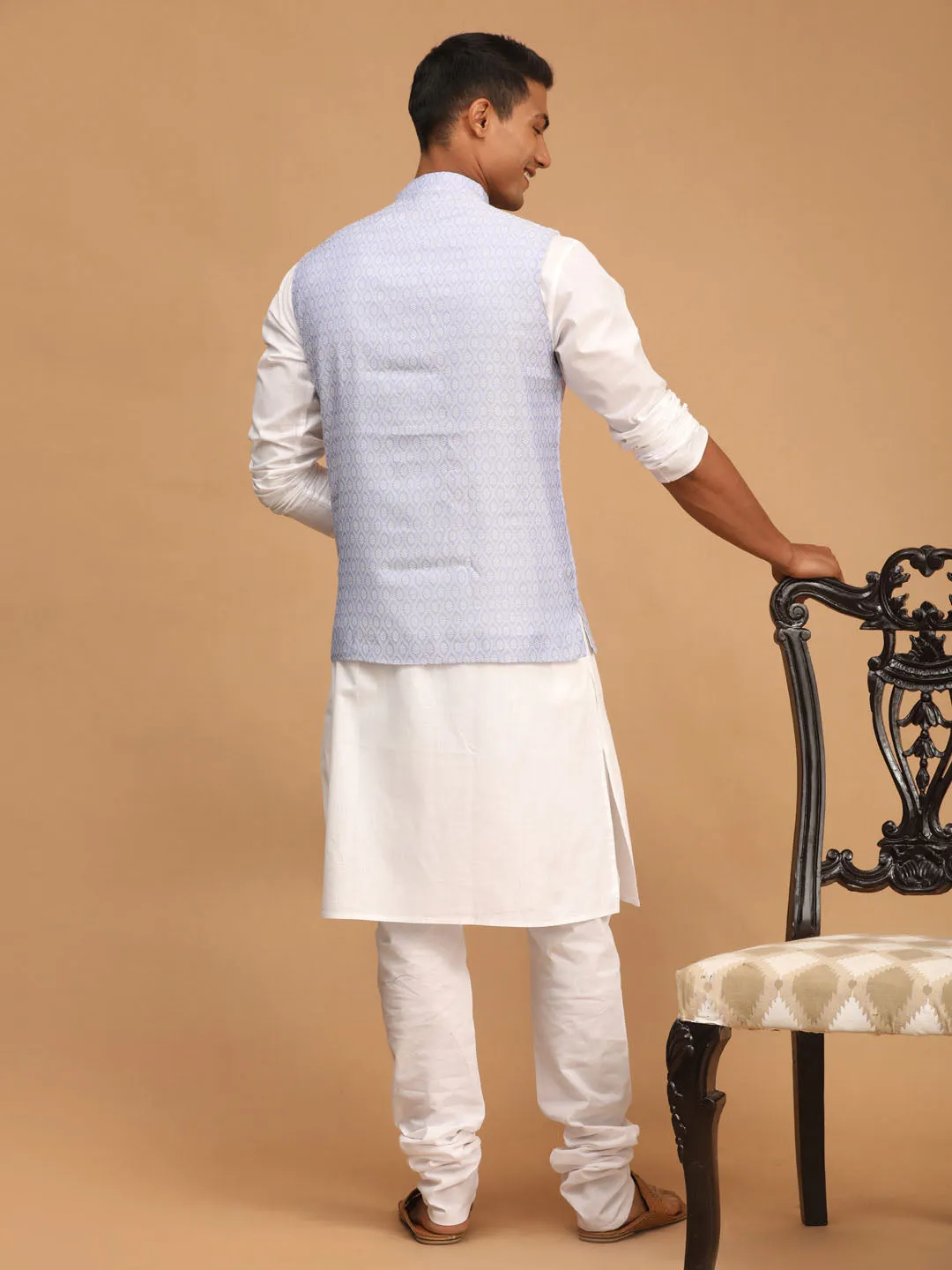 Jashvi Lavender Woven Jacket With White Kurta and Pyjama Baap Beta Set