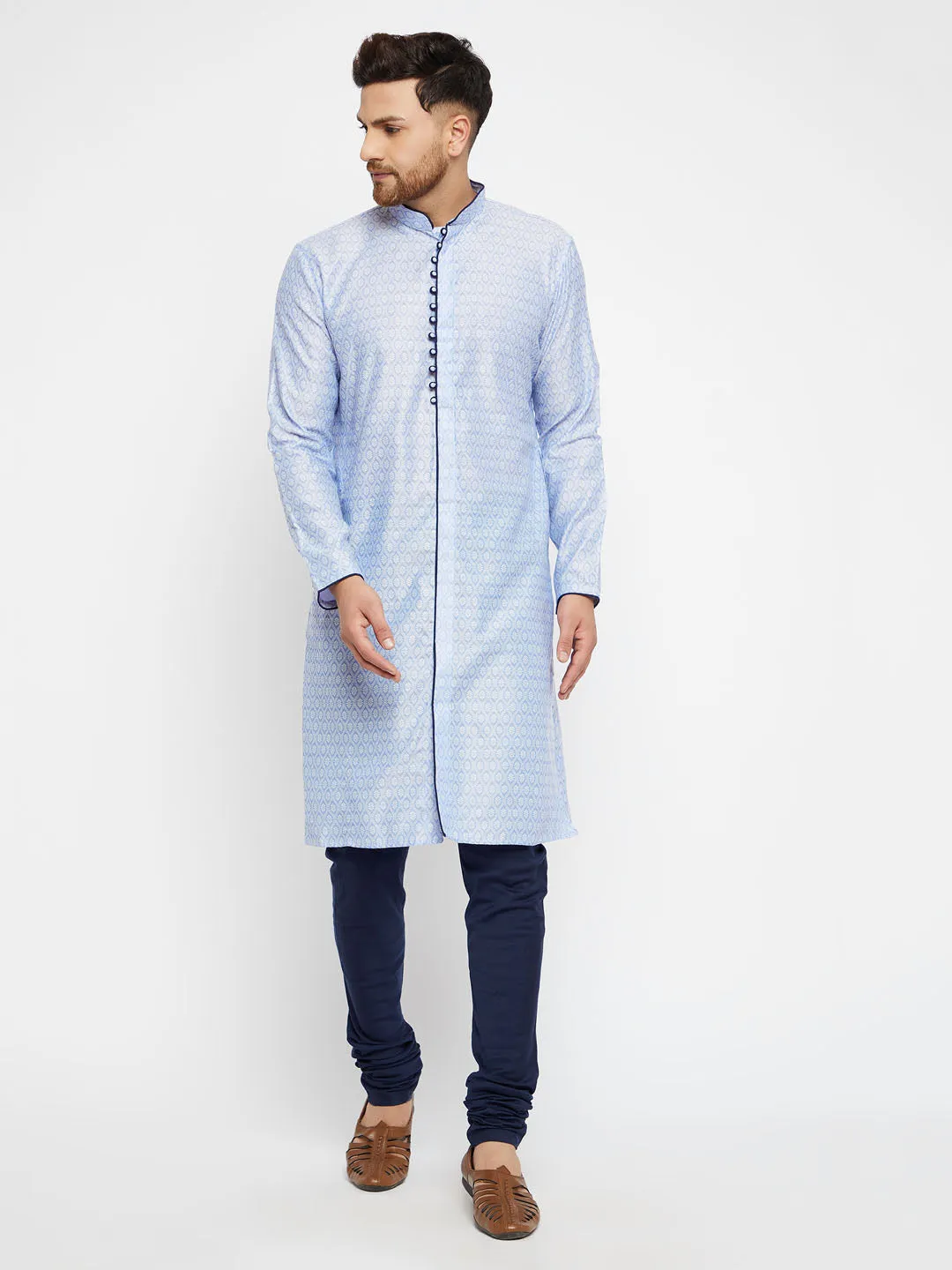 Jashvi Men's Lavender And Navy Blue Silk Blend Kurta Pyjama Set