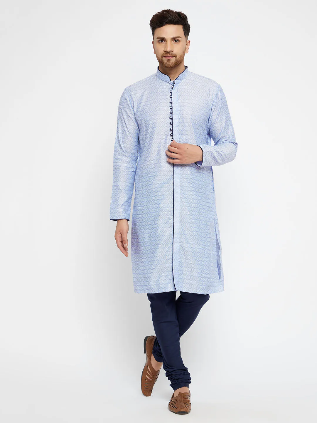 Jashvi Men's Lavender And Navy Blue Silk Blend Kurta Pyjama Set