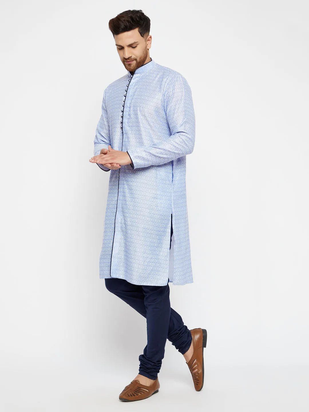 Jashvi Men's Lavender And Navy Blue Silk Blend Kurta Pyjama Set