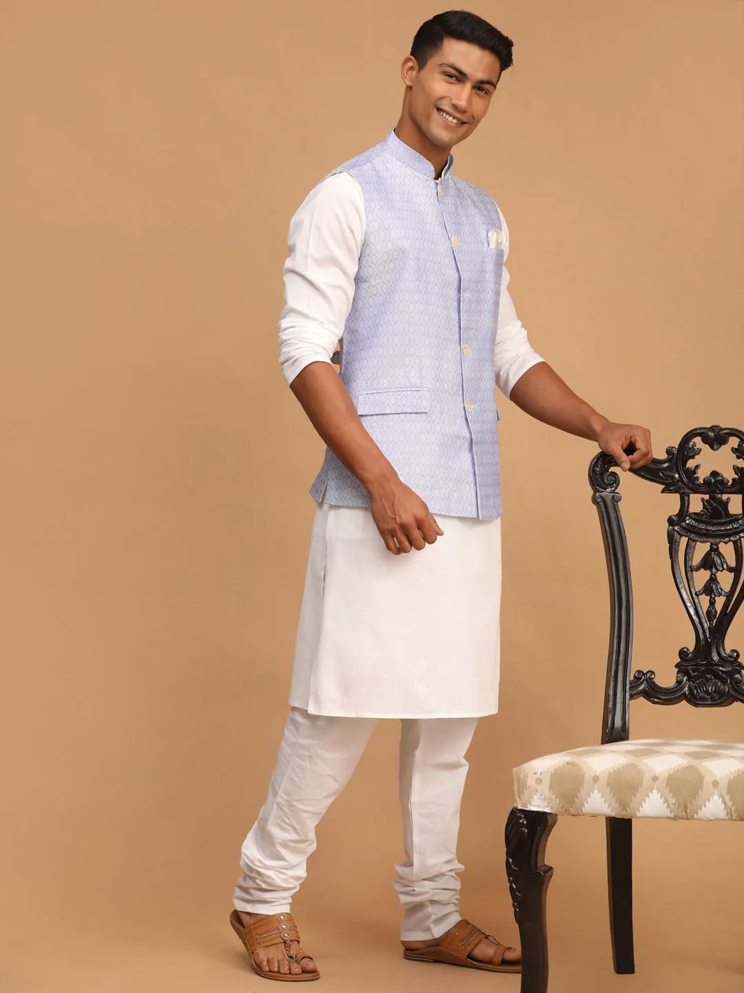 Jashvi Men's Lavender Jacquard Nehru Jacket with Kurta Pyjama Set