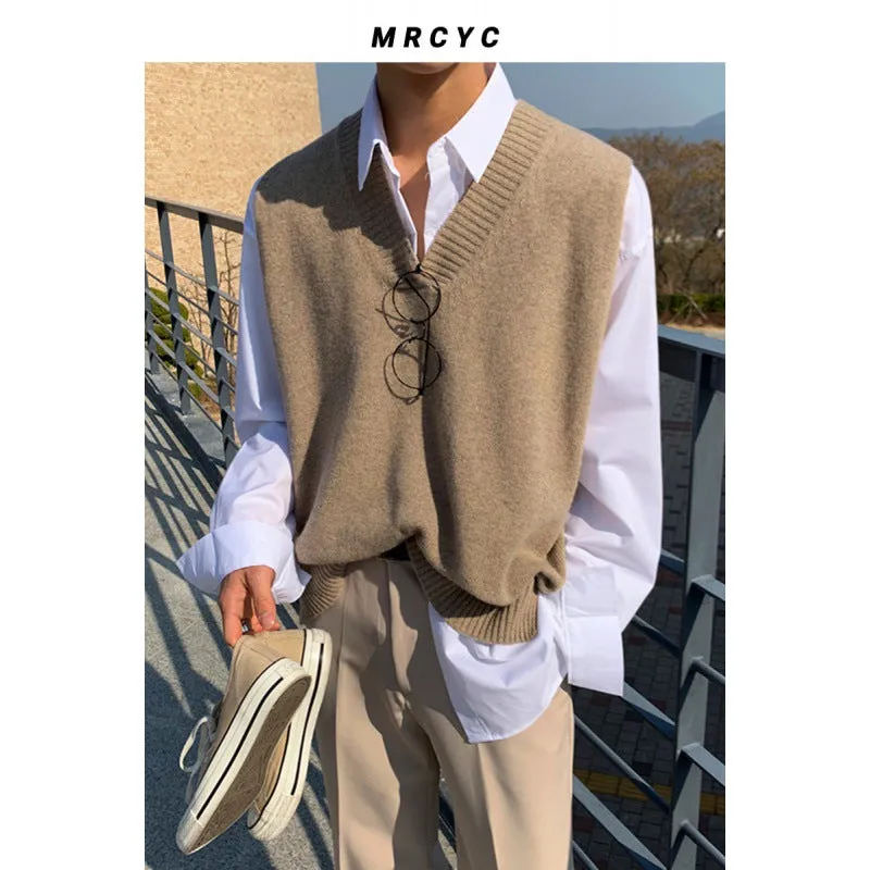 Jinquedai old money outfits men Solid Color Knitted Vest Men's Spring and Autumn Korean Style Trendy Personalized V-neck Sweater Vest Outer Wear Loose Waistcoat