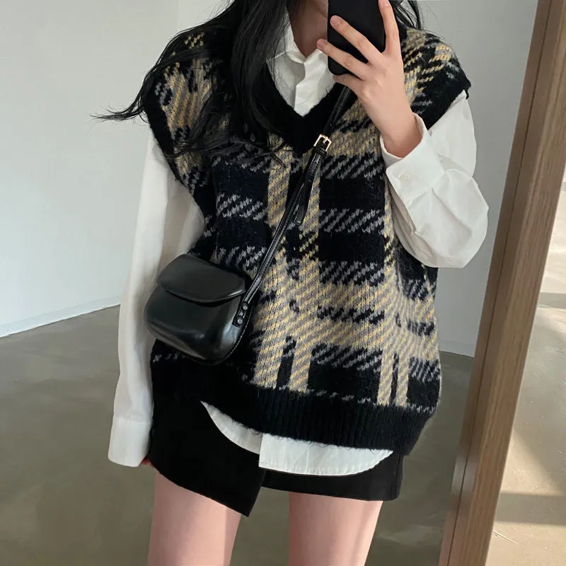 Joskaa Sweater Vest Women V-neck Soft Warm Fashion Plaid Sleeveless Sweaters Retro All-match Loose-fitting Knitted Korean Style Mujer