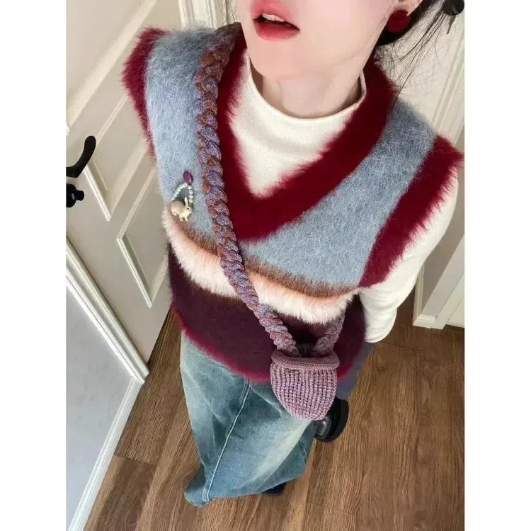 Joskaa Vintage Harajuku Striped Sweaters Vest 2024 Autumn New V-neck Slim Fit Knitted Vests Y2k Aesthetics Sleeveless Tops Women