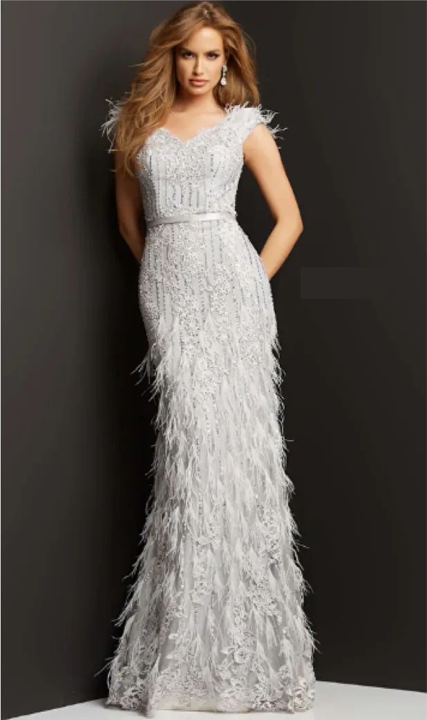 Jovani - 03108 - Beaded Lace Evening Gown with Feather Embellishments