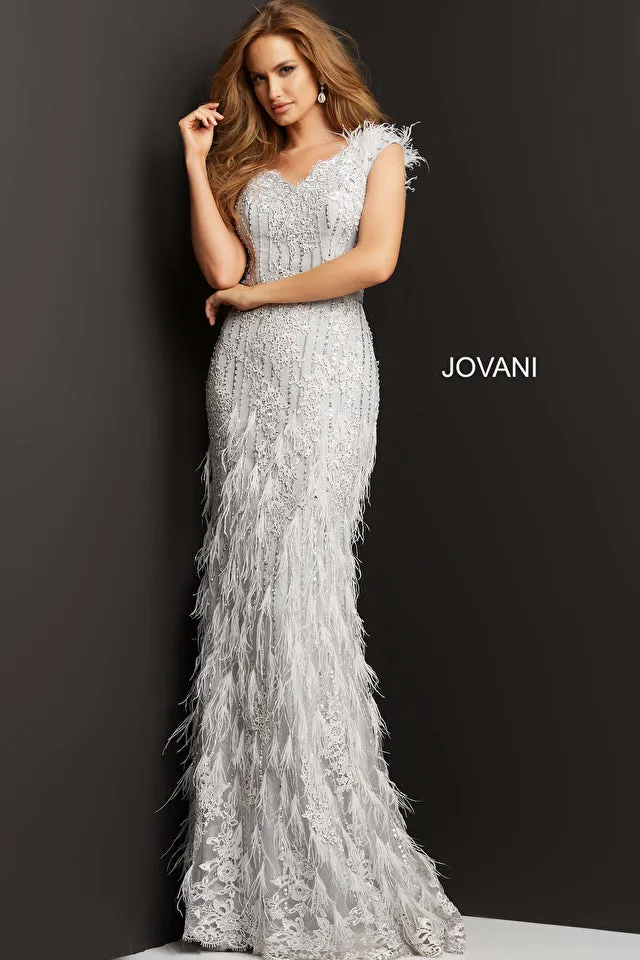 Jovani - 03108 - Beaded Lace Evening Gown with Feather Embellishments