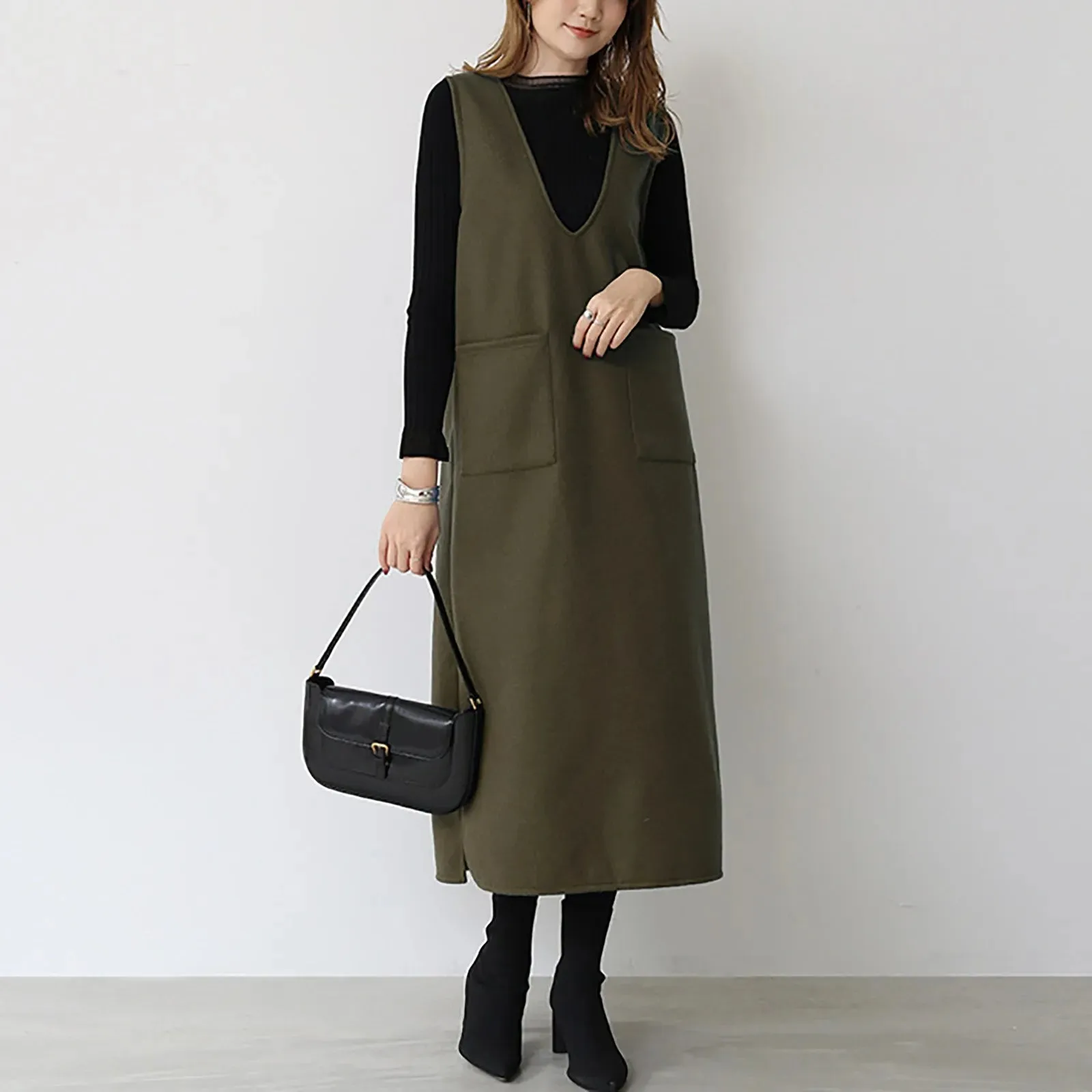 JuliaFashion - V Neck Sleeveless Knitted Solid Color Long Sweater Autumn Winter Elegant Korean Style Long Vest With Pocket Dress