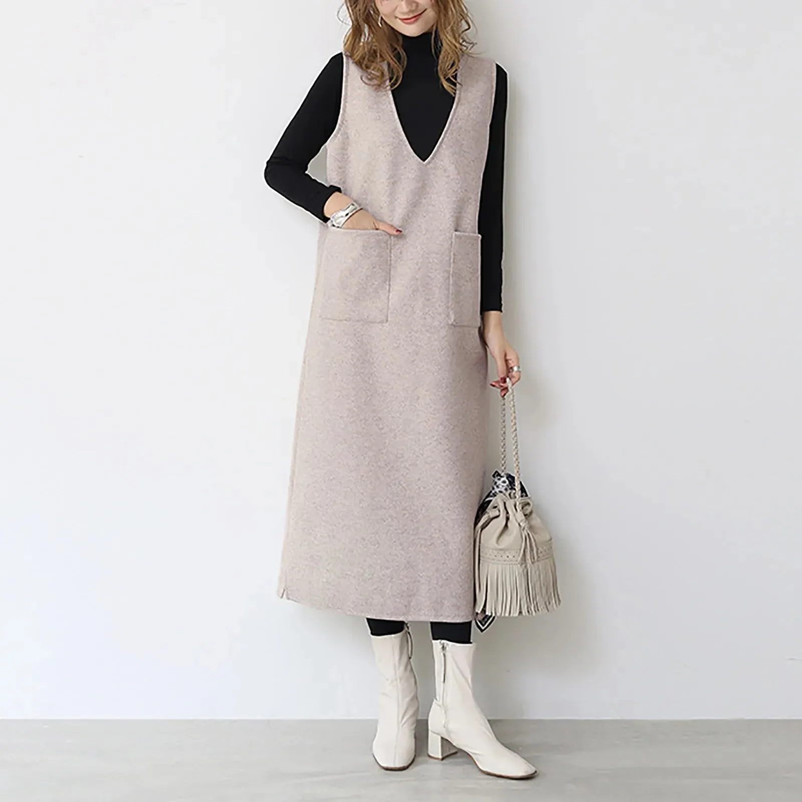 JuliaFashion - V Neck Sleeveless Knitted Solid Color Long Sweater Autumn Winter Elegant Korean Style Long Vest With Pocket Dress