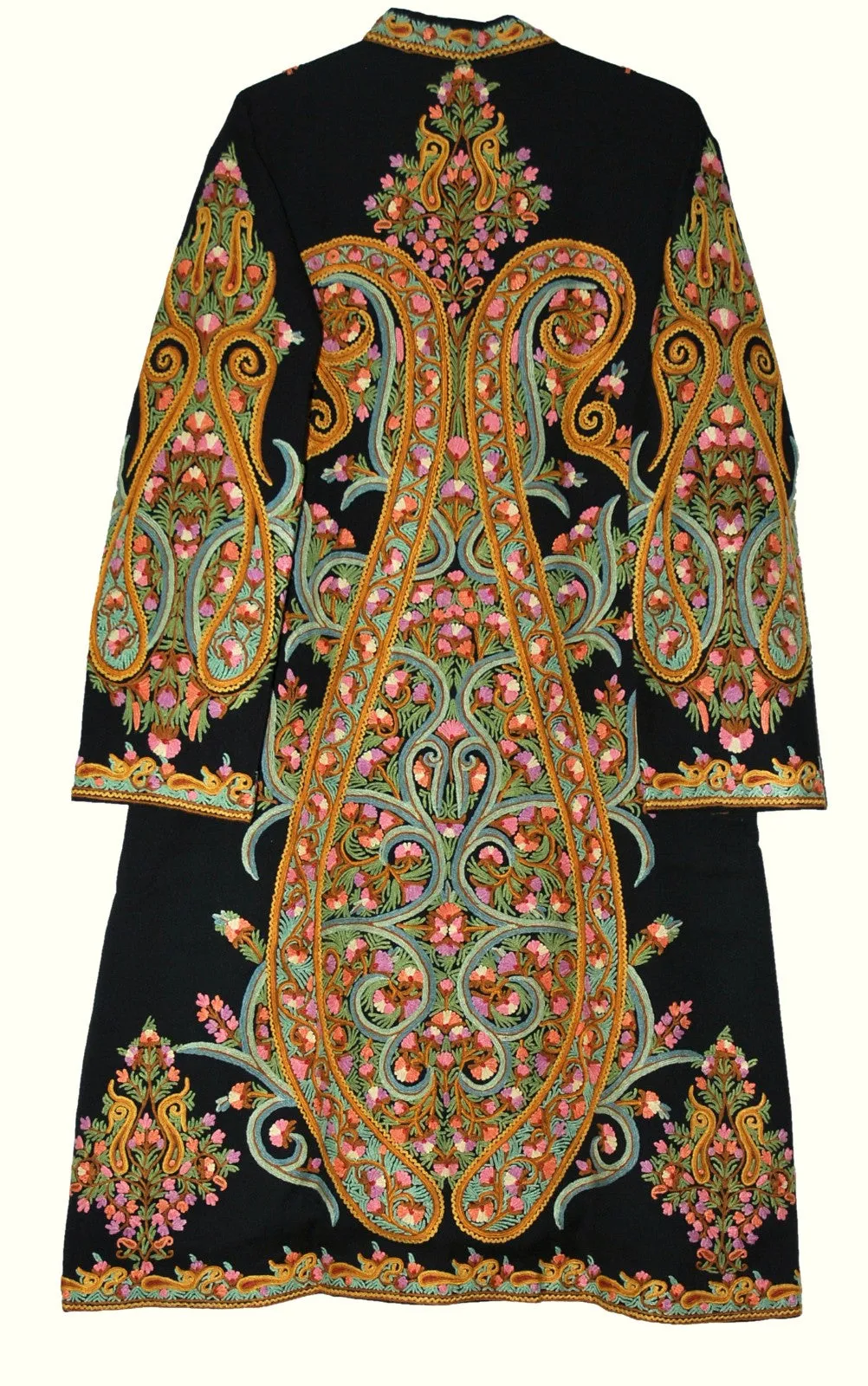 Kashmiri Woolen Coat Black, Multicolor Embroidery #AO-1603