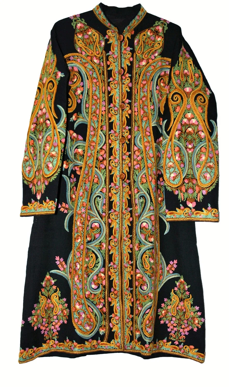 Kashmiri Woolen Coat Black, Multicolor Embroidery #AO-1603