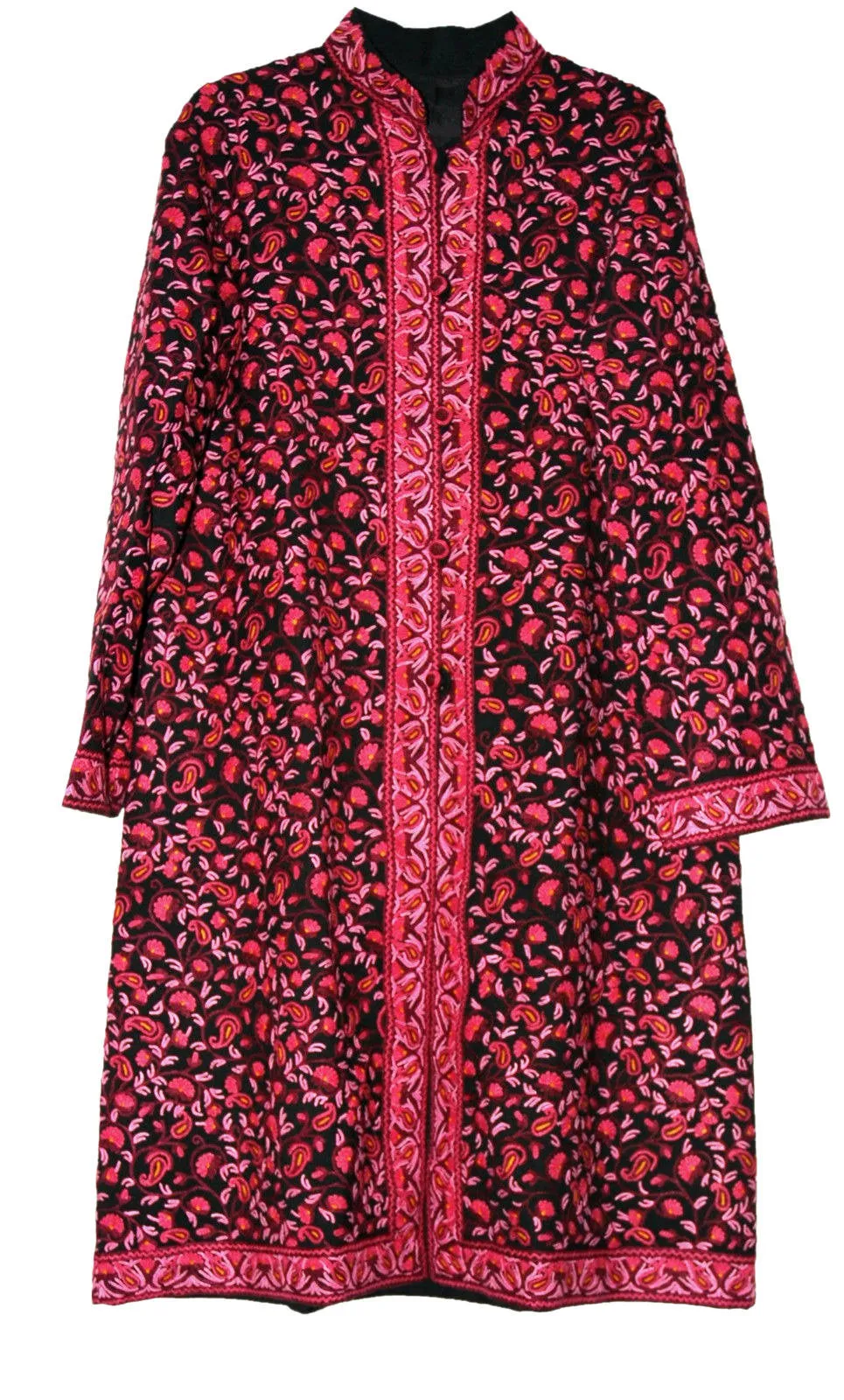 Kashmiri Woolen Coat Black, Pink and Magenta Embroidery #AO-1606