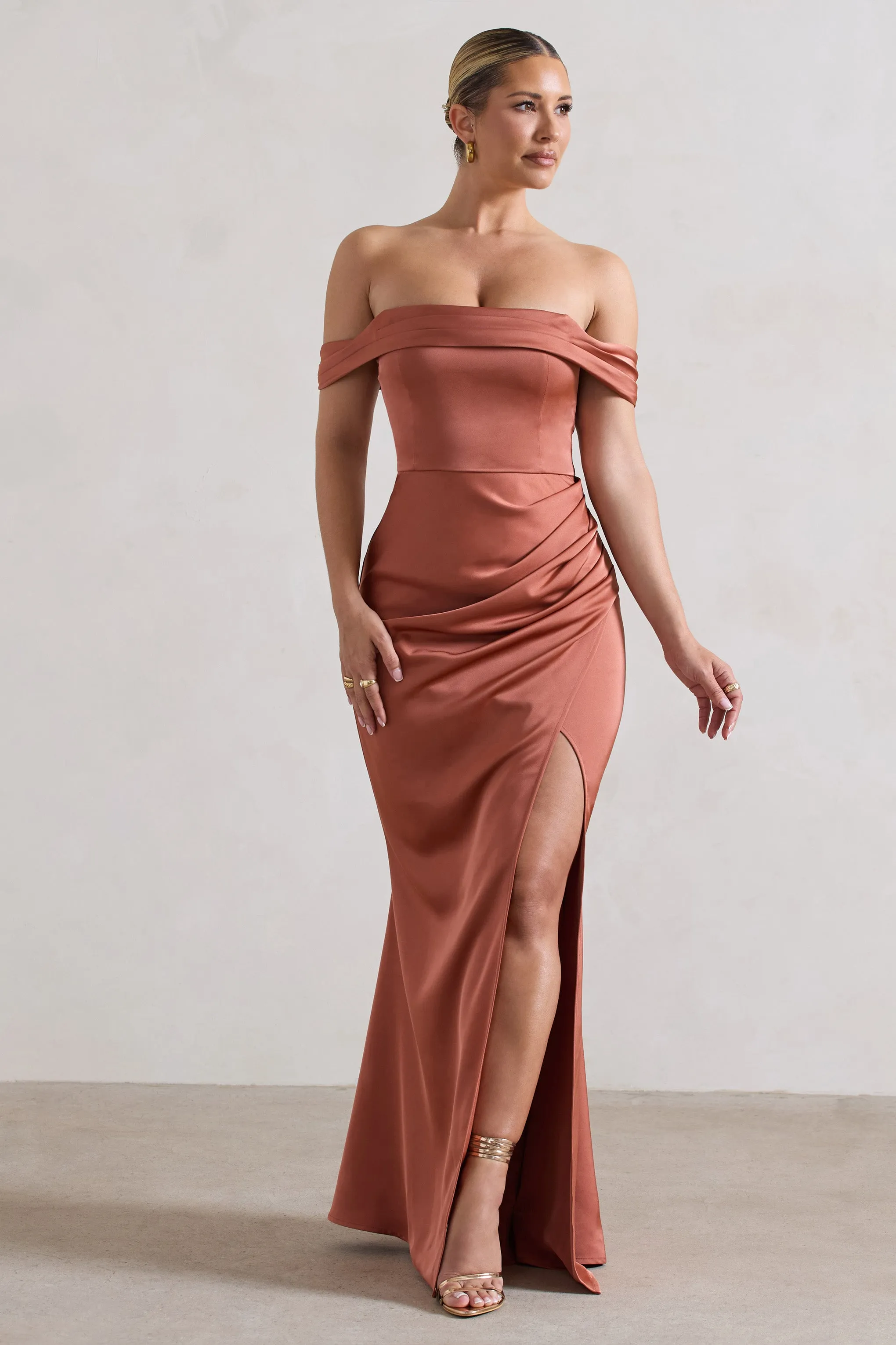 Katia | Rust Satin Bardot Fishtail Maxi Dress