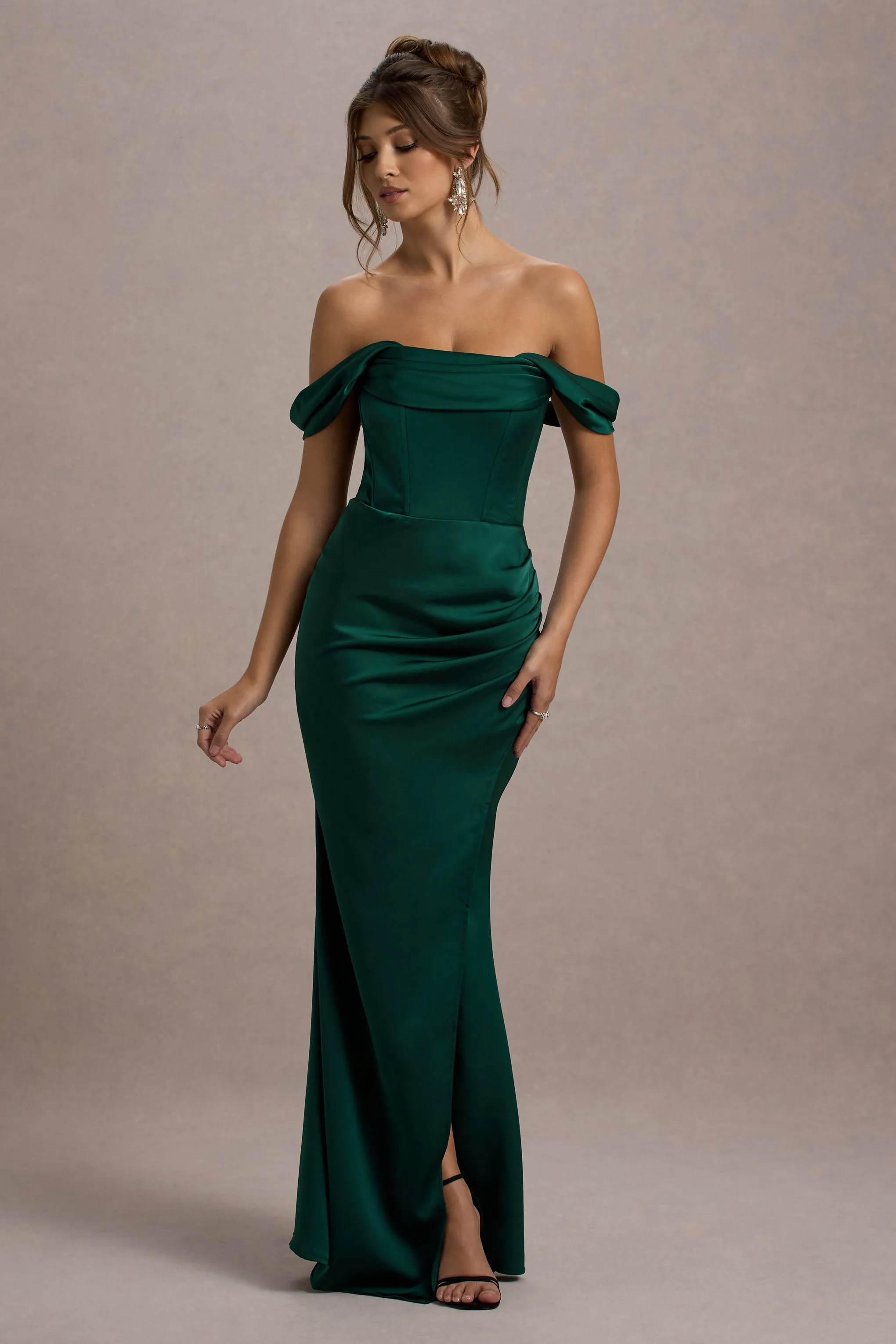 Kimberly | Bottle Green Bardot Fishtail Satin Maxi Dress