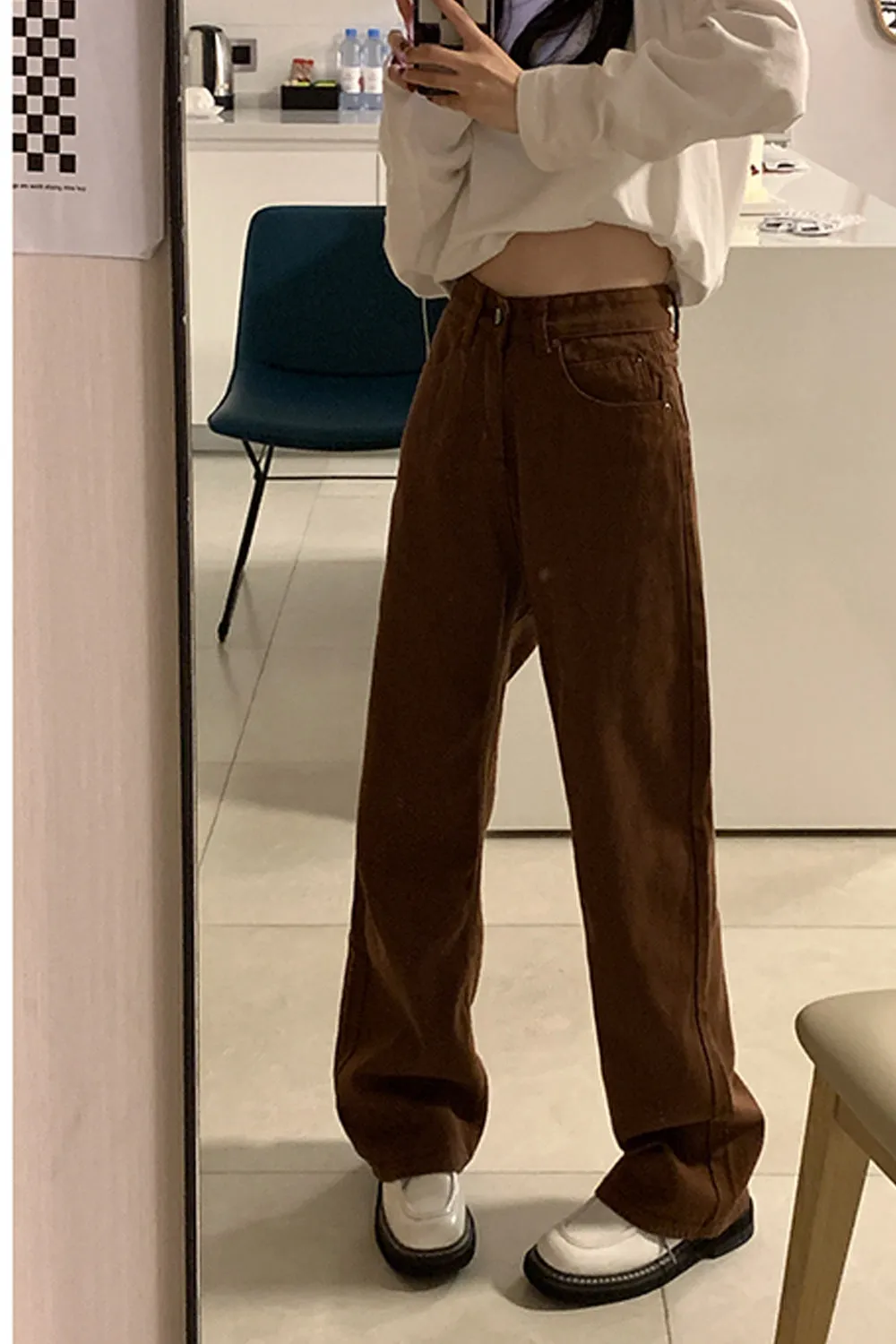 KittenAlarm - High Waist Vintage Brown Long Jeans Pants