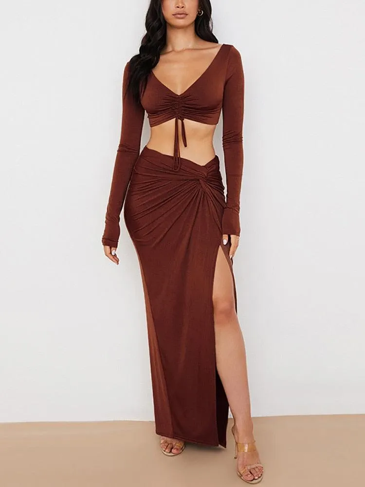 KittenAlarm - Leilani Long Sleeve Crop Top & High Slit Skirt Set