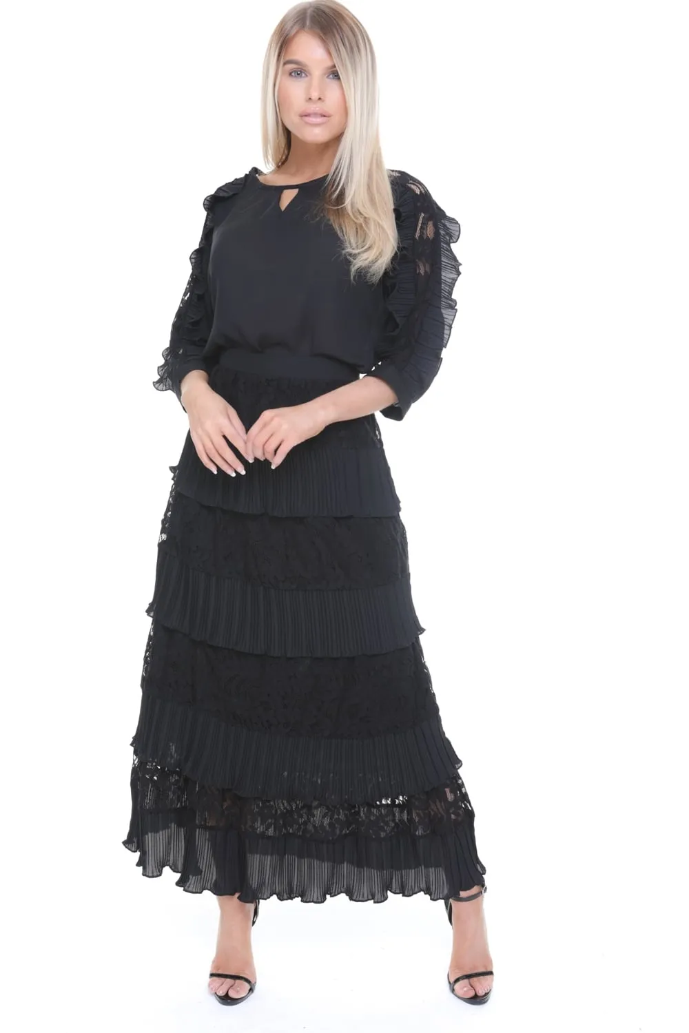 Lace Pleated Ruffle Maxi Skirt and Blouse Top Co-Ord Set