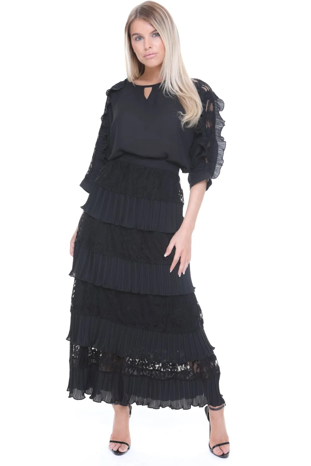 Lace Pleated Ruffle Maxi Skirt and Blouse Top Co-Ord Set