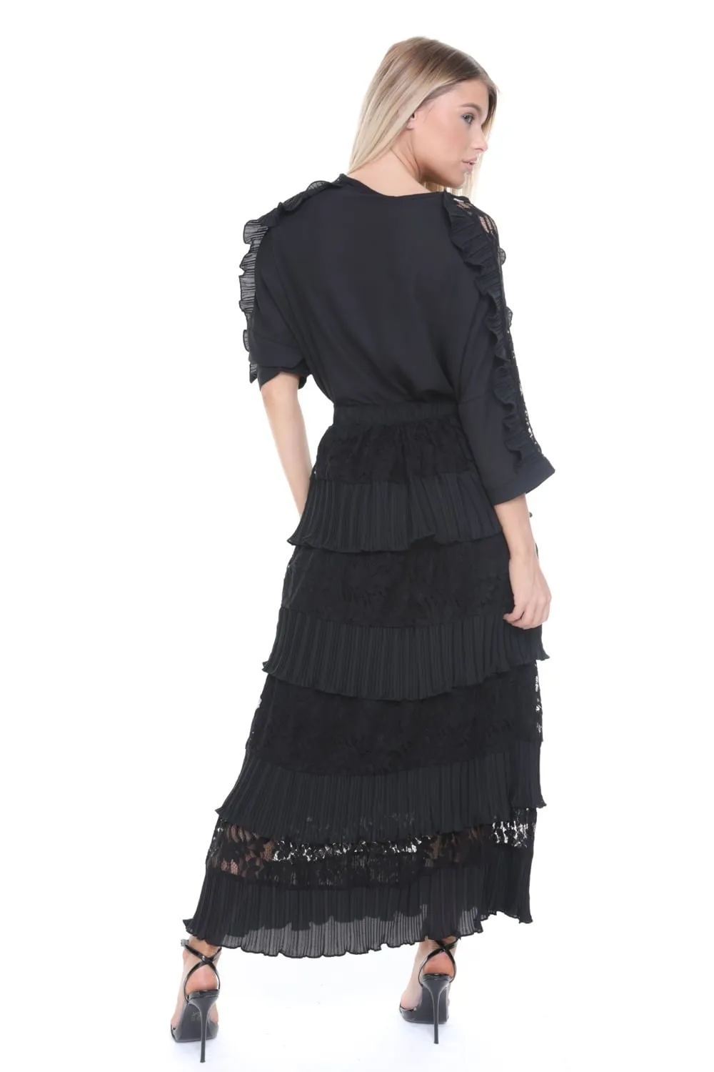 Lace Pleated Ruffle Maxi Skirt and Blouse Top Co-Ord Set