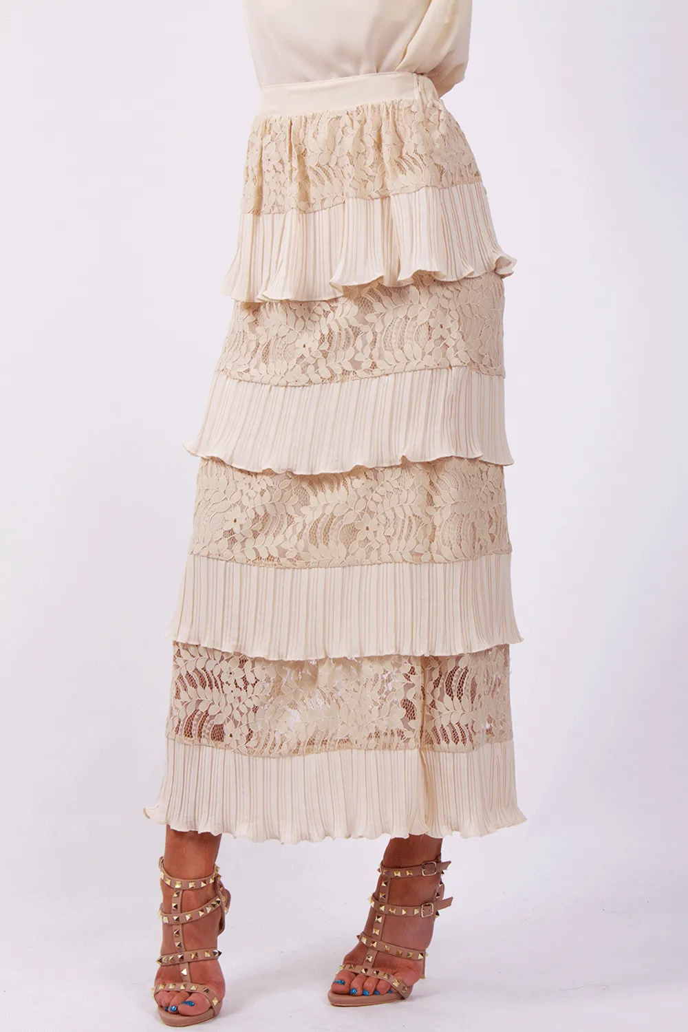 Lace Pleated Ruffle Maxi Skirt and Blouse Top Co-Ord Set