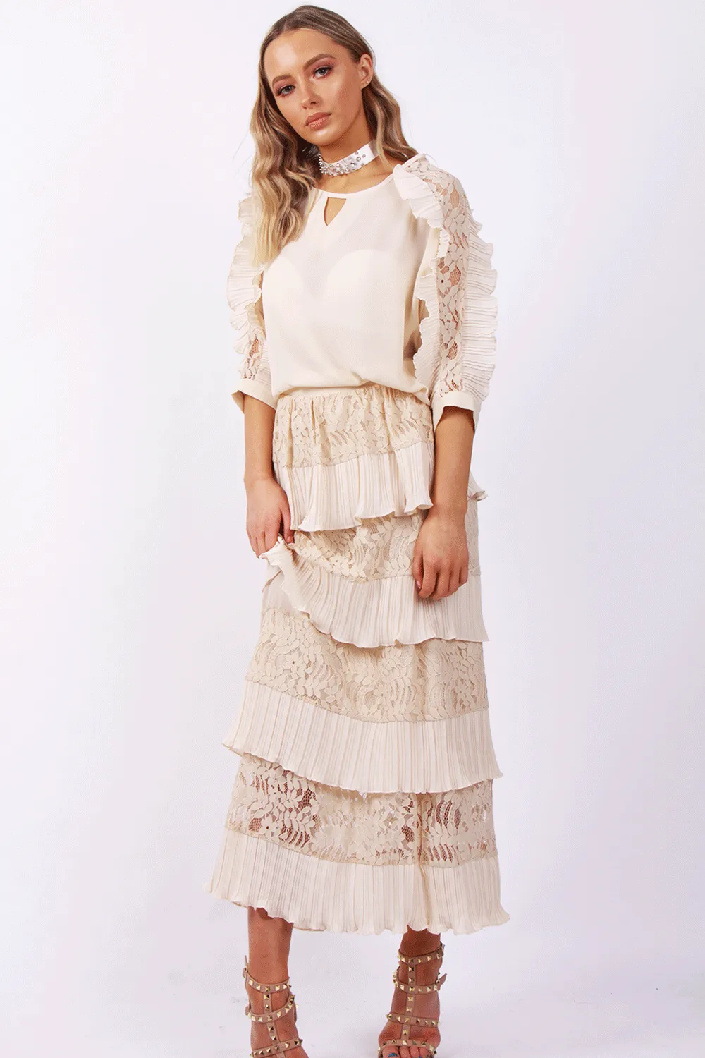 Lace Pleated Ruffle Maxi Skirt and Blouse Top Co-Ord Set