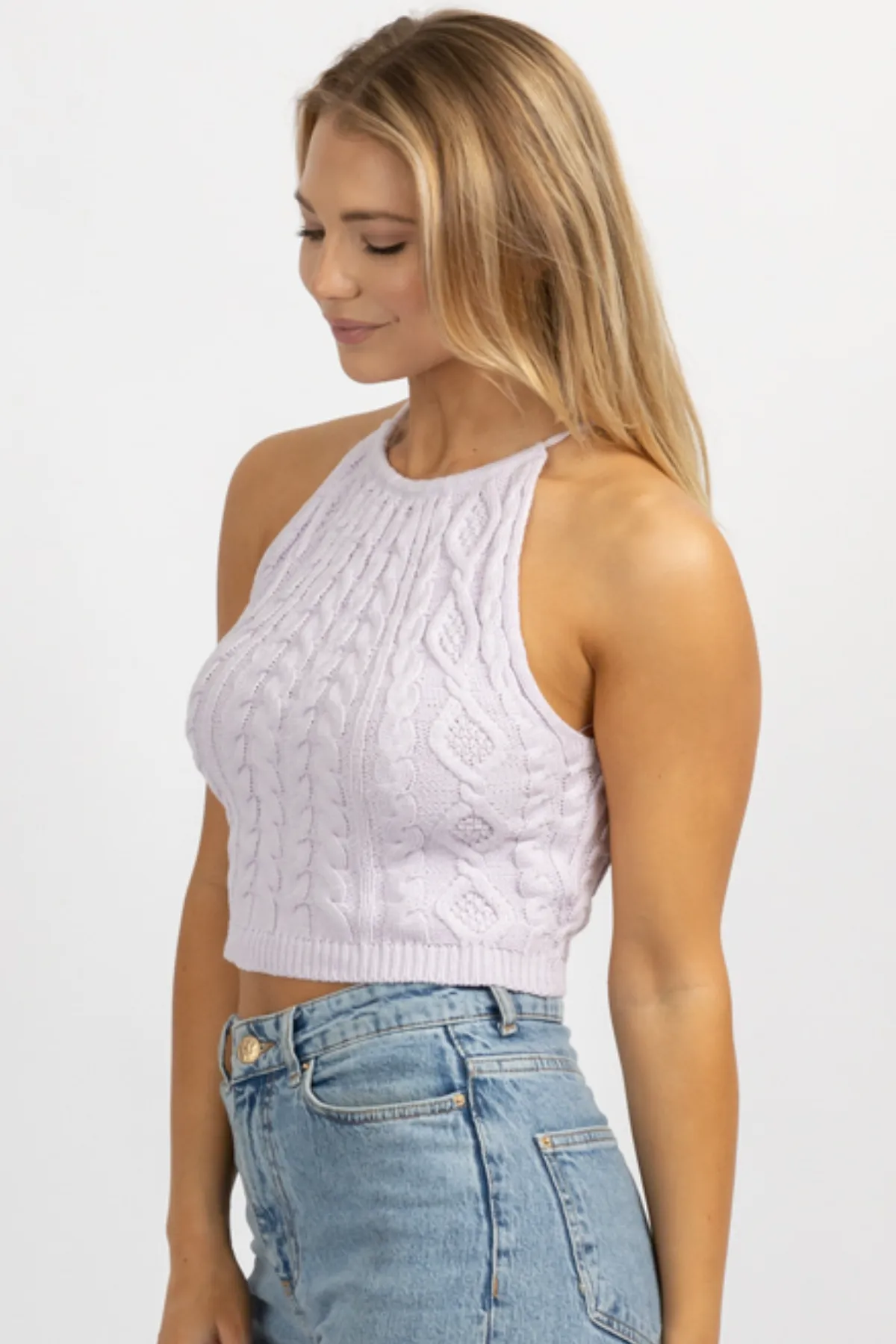 LAVENDER KNIT BACKLESS SELF-TIE CROP