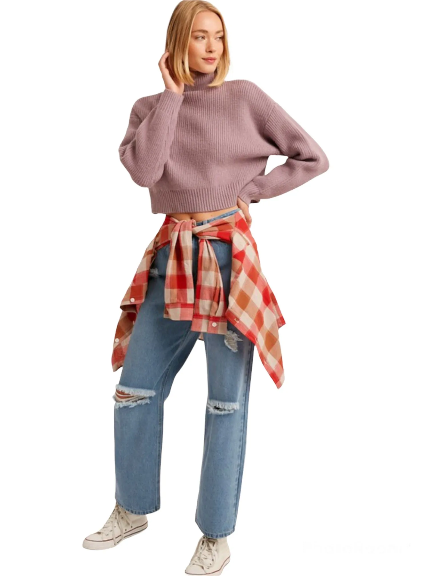 Lavender Ribbed Mock Neck Crop Pullover Sweater