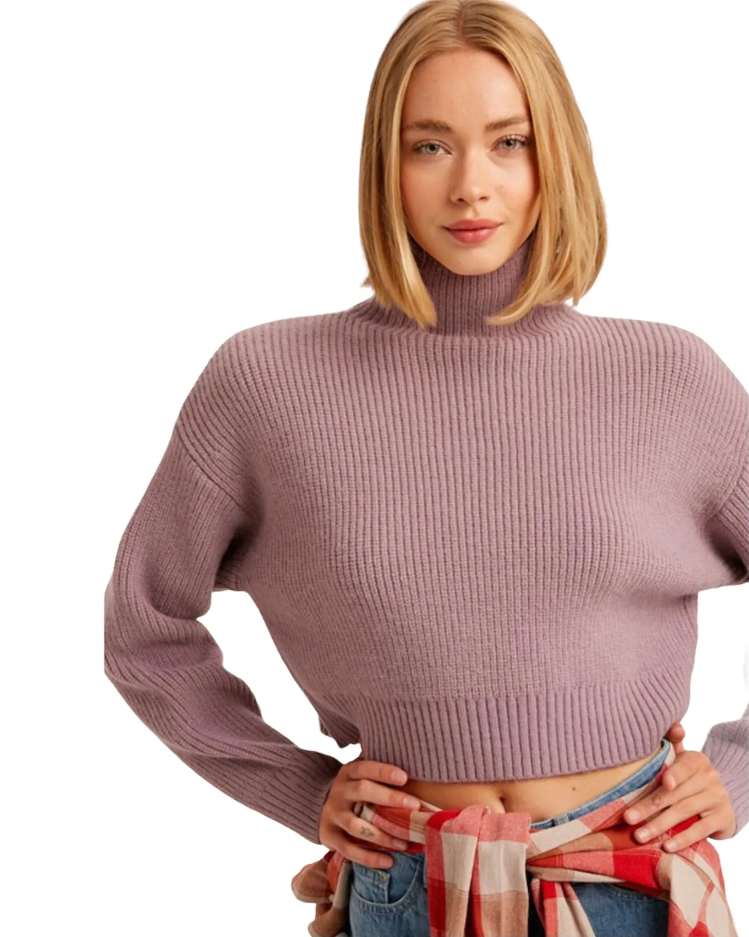 Lavender Ribbed Mock Neck Crop Pullover Sweater