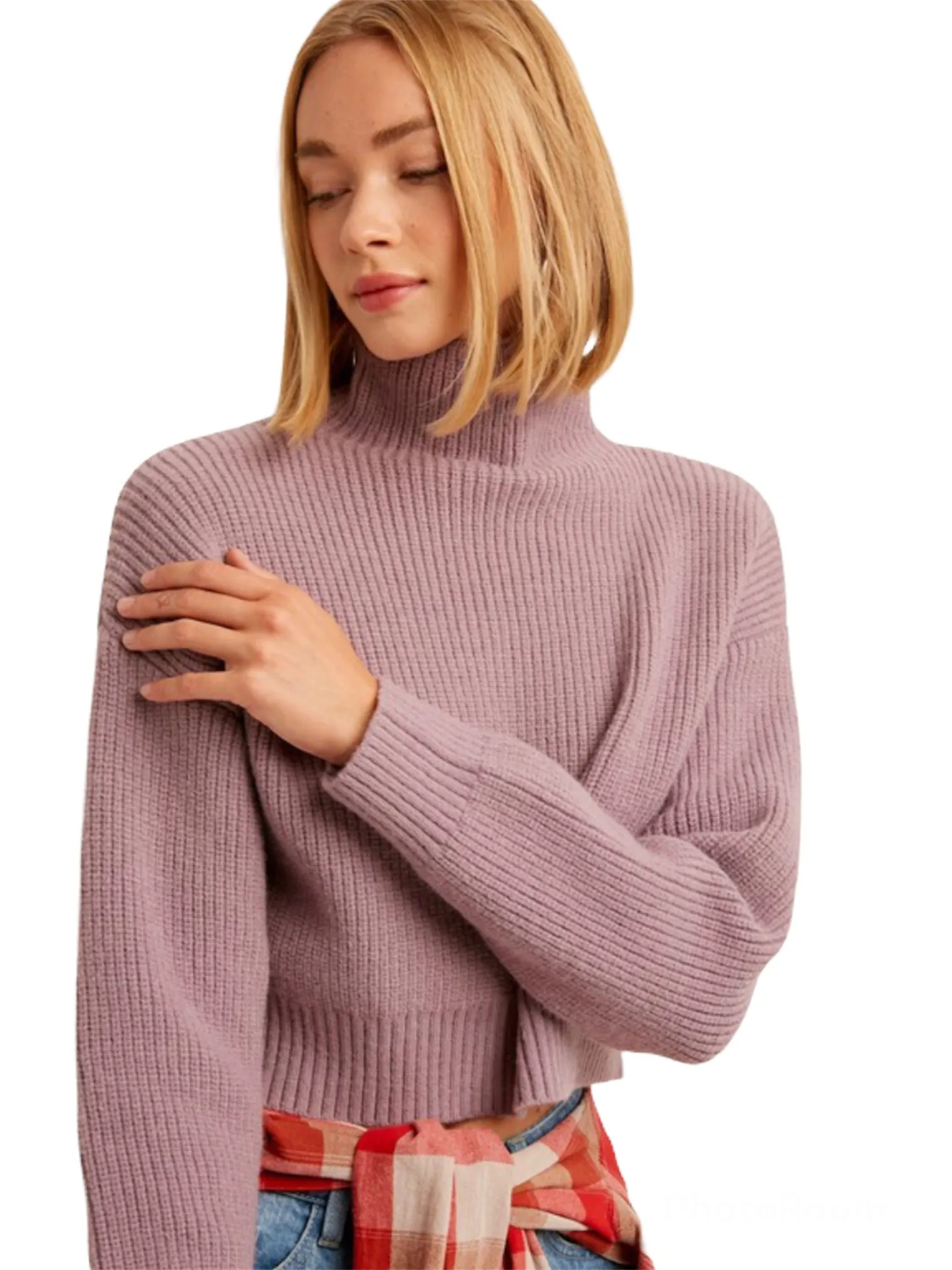 Lavender Ribbed Mock Neck Crop Pullover Sweater