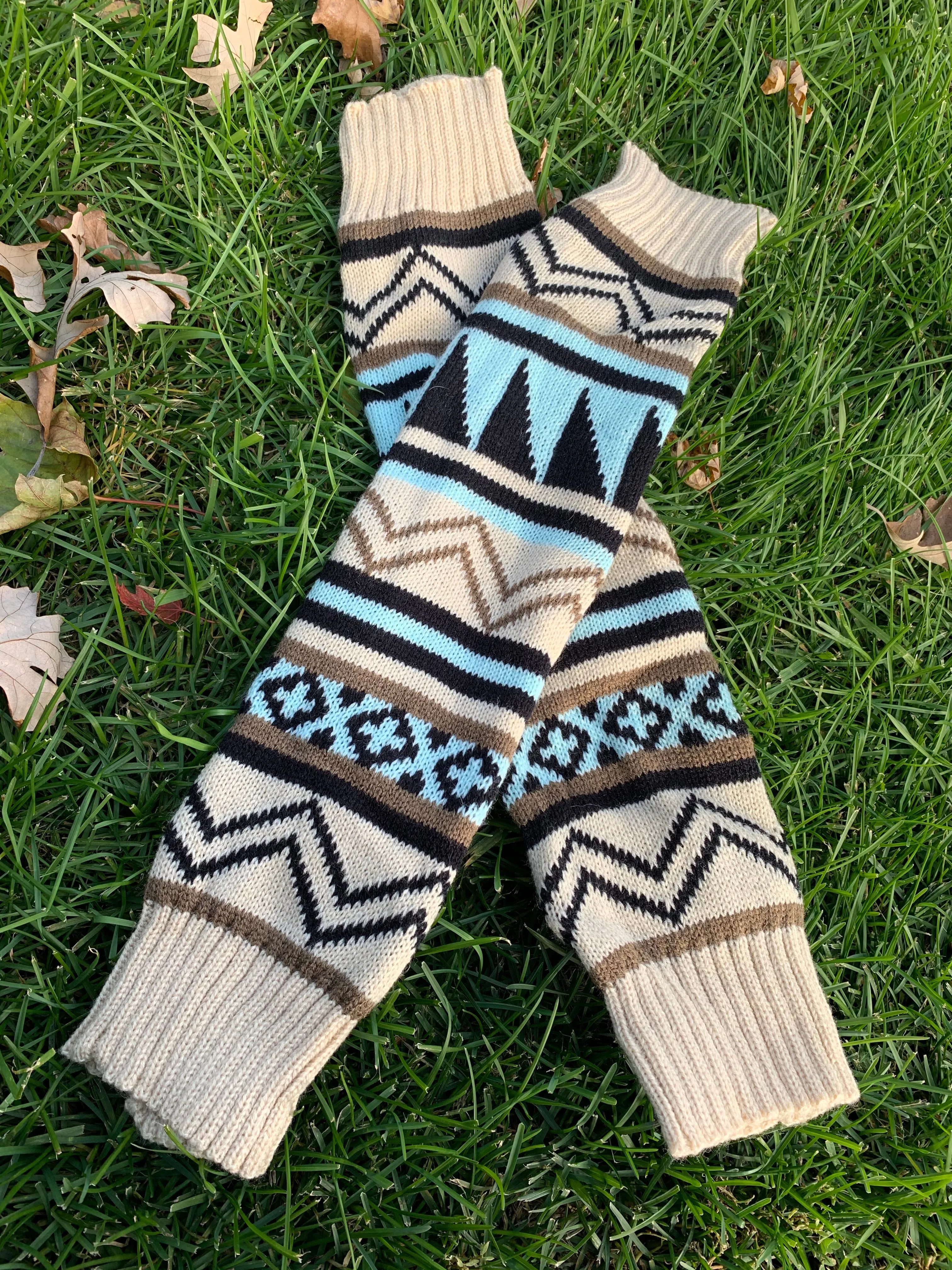 Leg Warmers. Brown, blue, black. My most loved leg warmers! 21 inches.