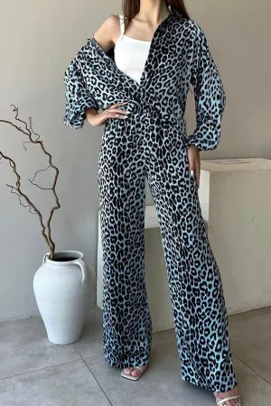 Leopard Print Shirt High Waist Long Pants Set