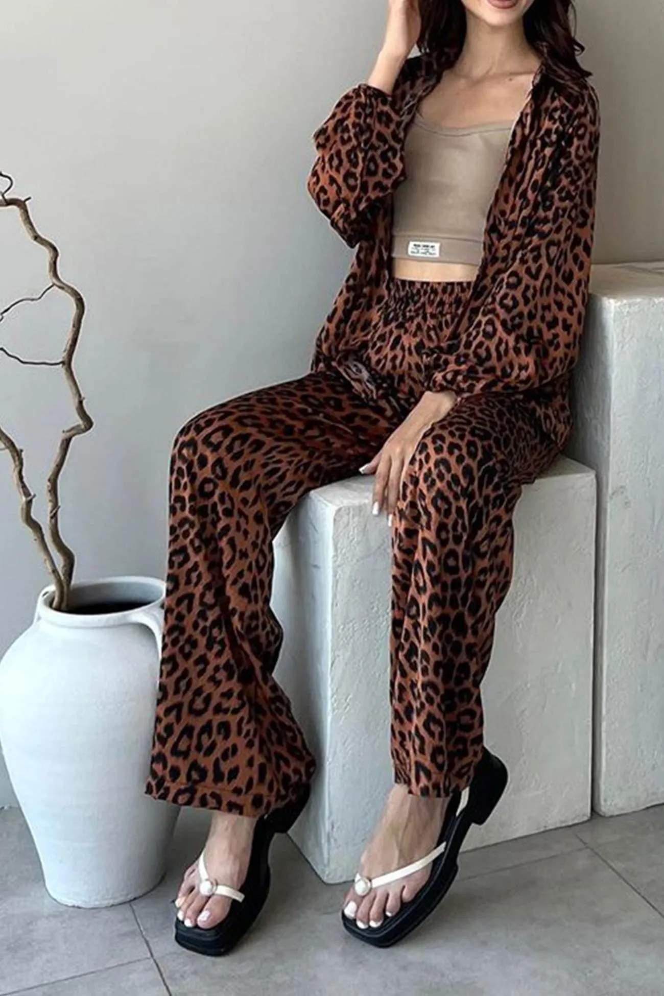 Leopard Print Shirt High Waist Long Pants Set