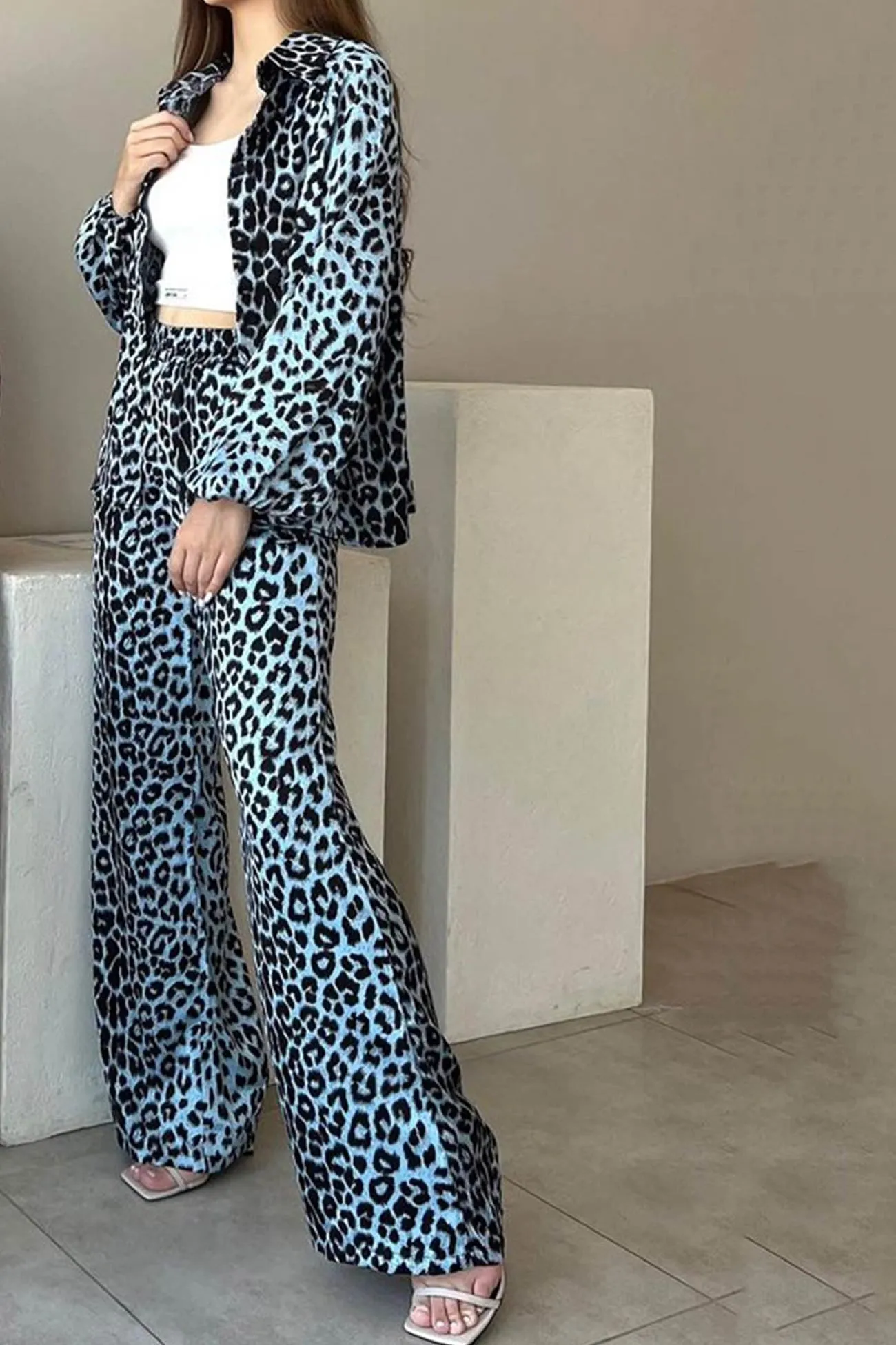 Leopard Print Shirt High Waist Long Pants Set