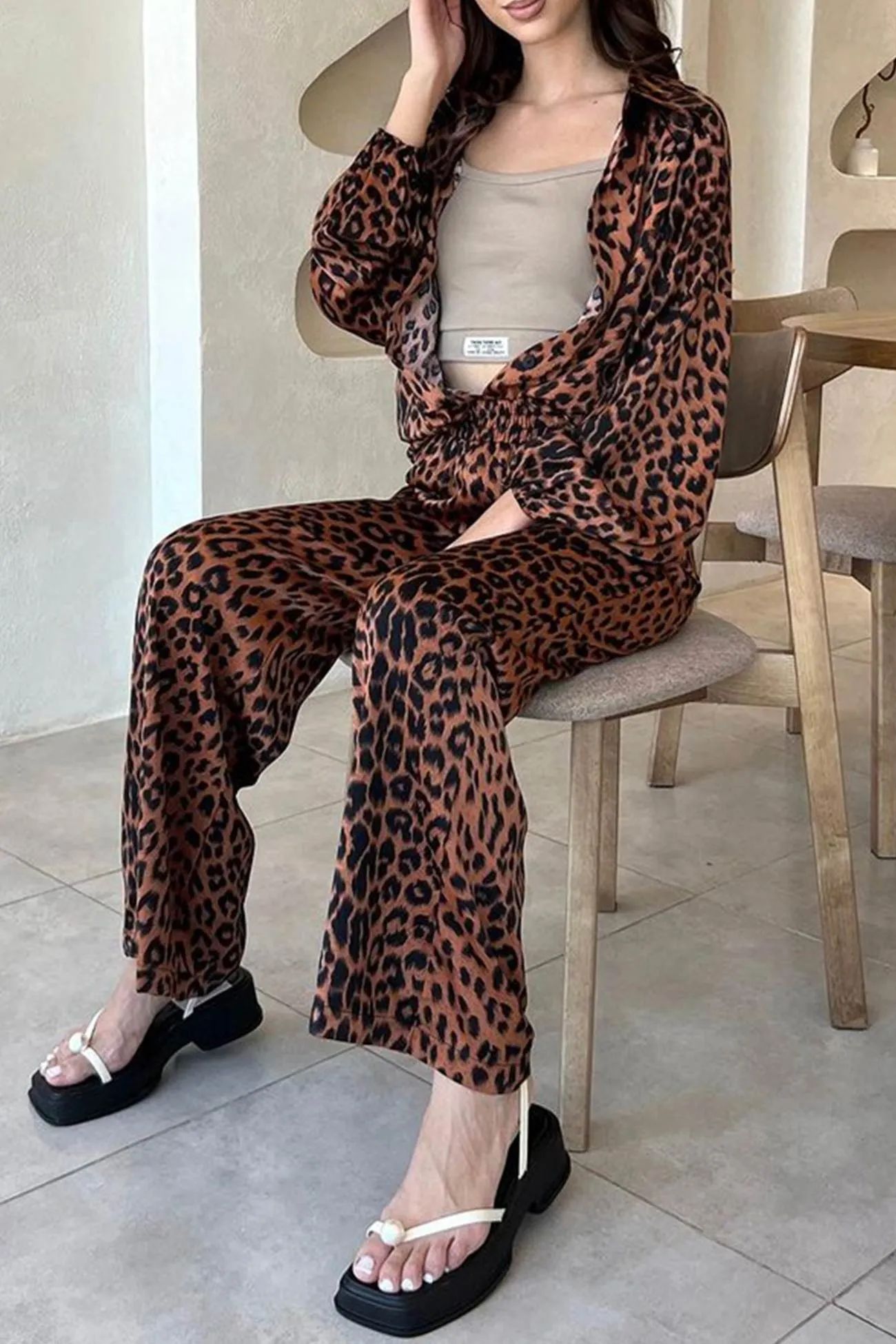 Leopard Print Shirt High Waist Long Pants Set