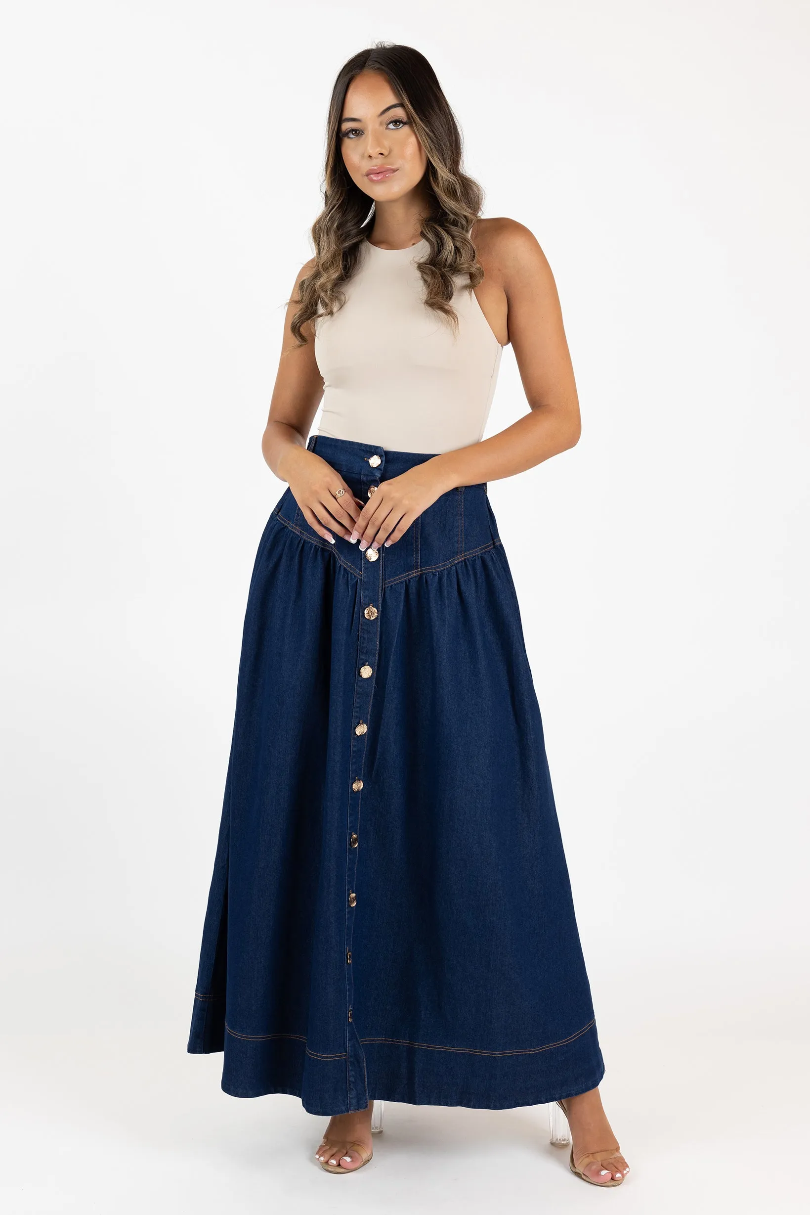 Lilianna Button Denim Skirt