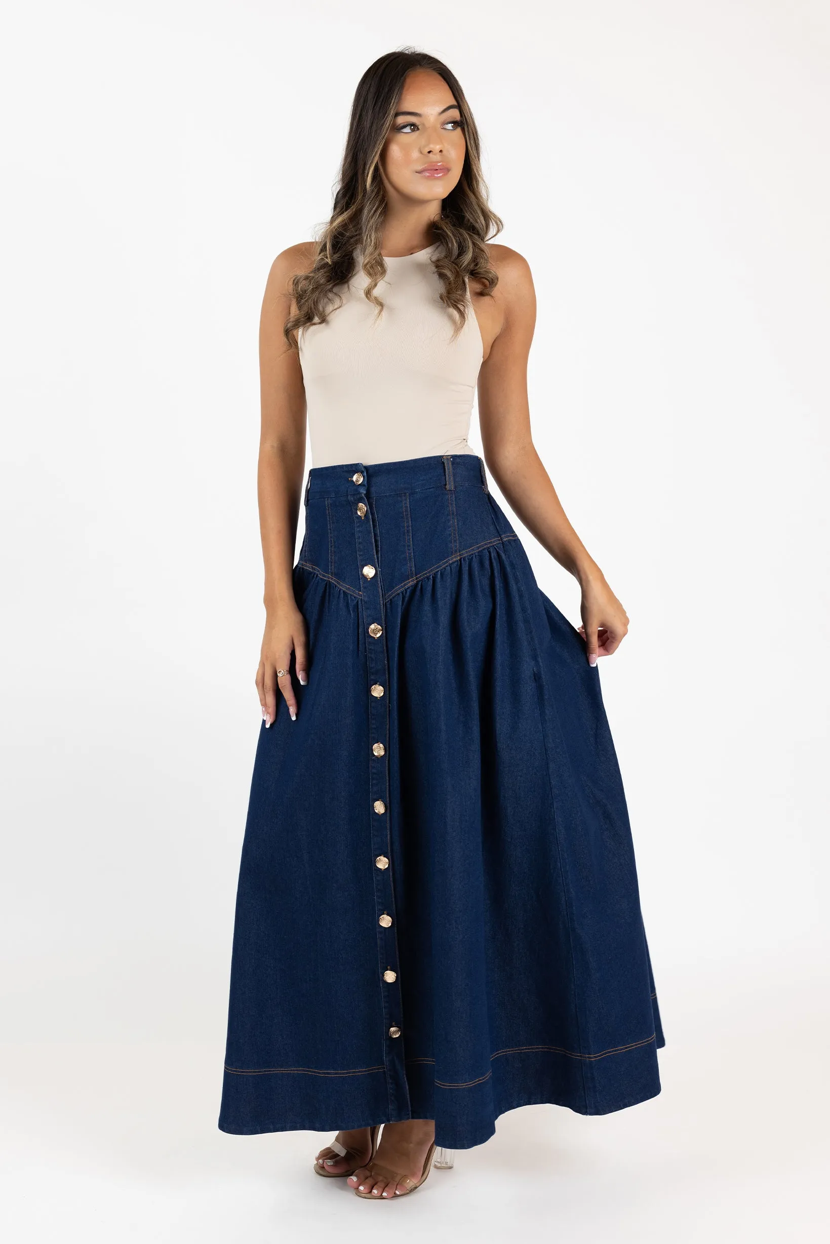 Lilianna Button Denim Skirt