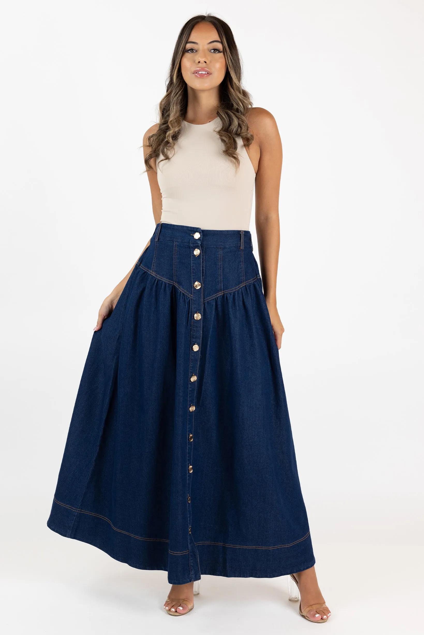 Lilianna Button Denim Skirt