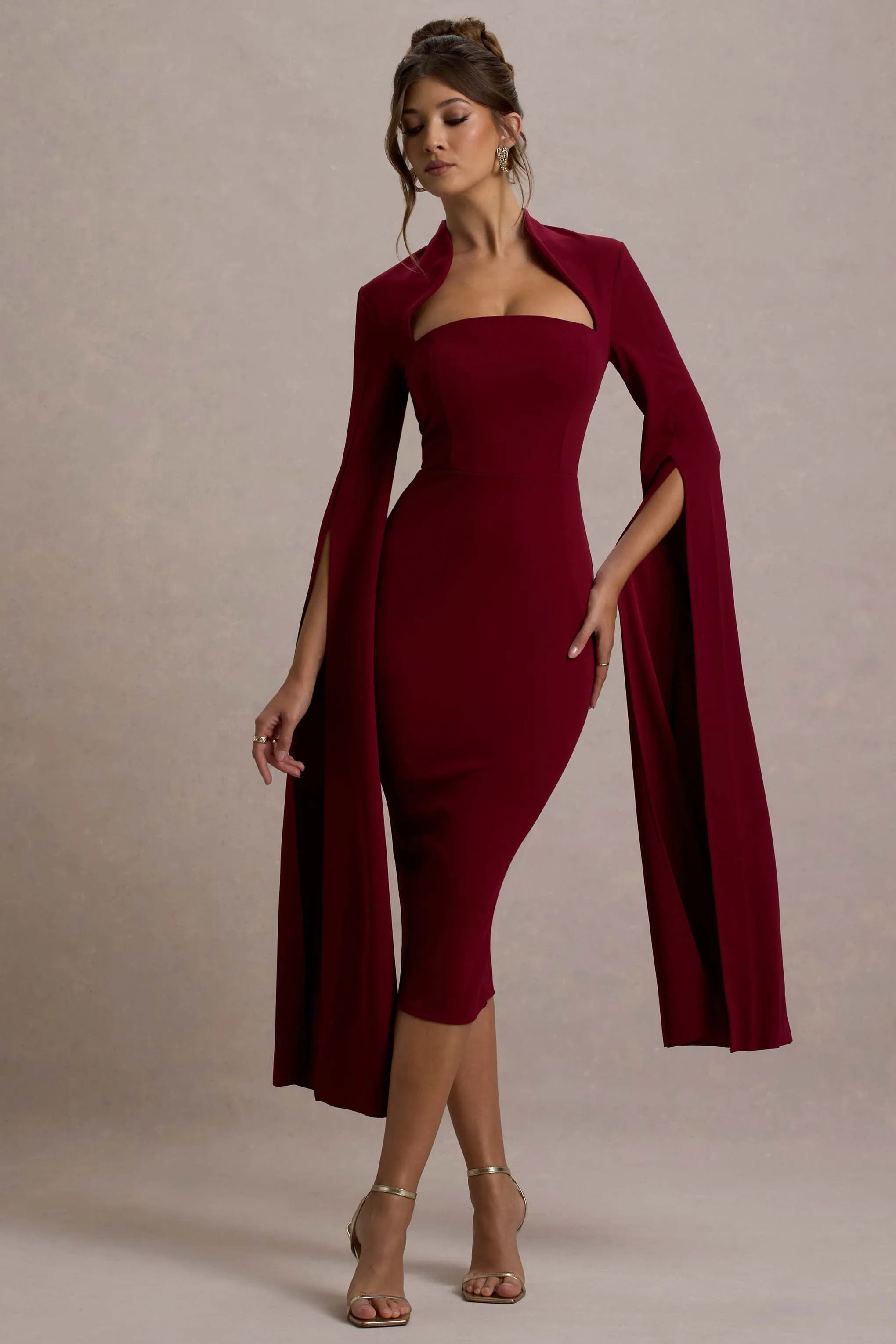 Linden | Berry Bodycon Cape-Sleeve Midi Dress