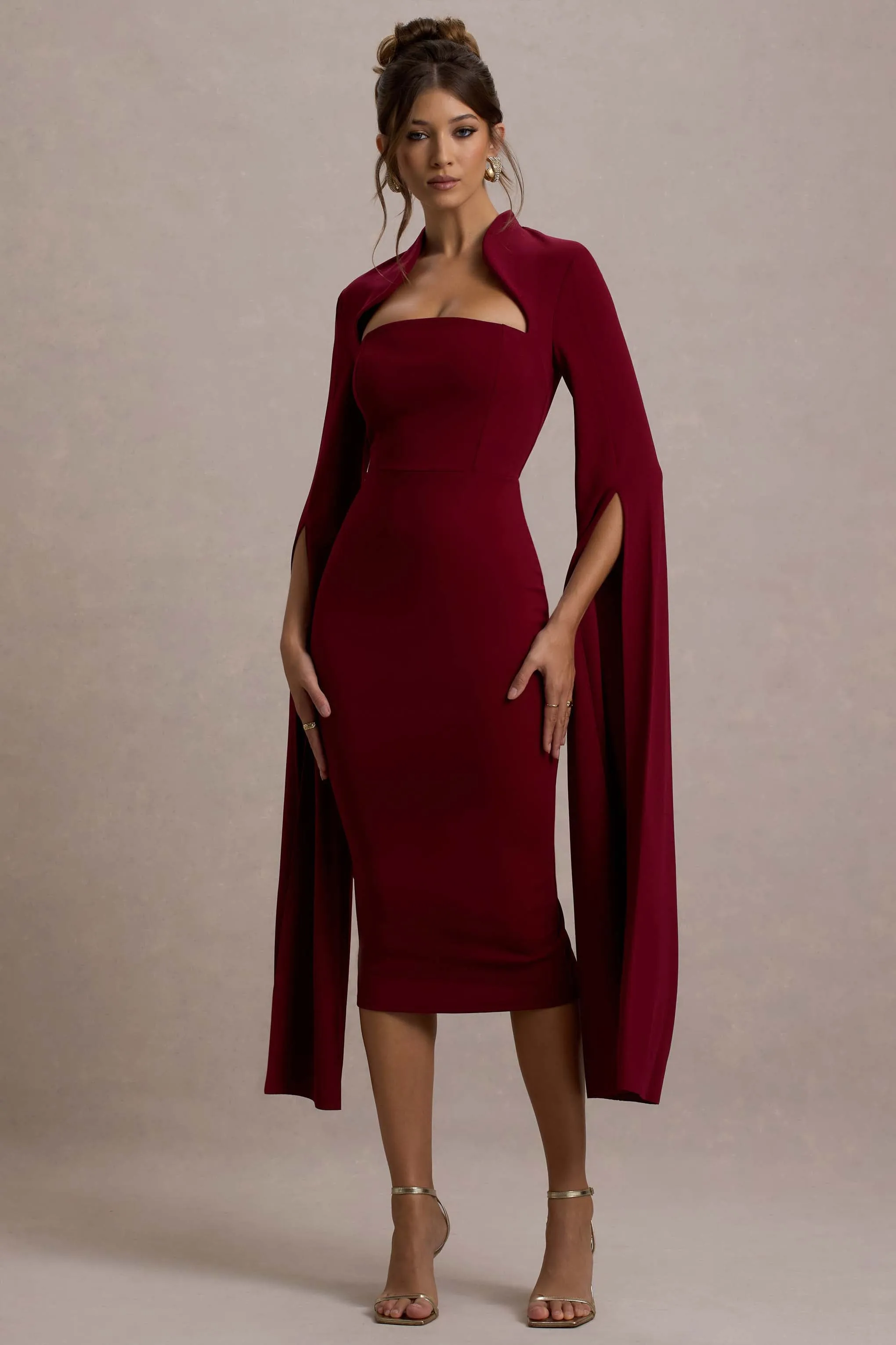 Linden | Berry Bodycon Cape-Sleeve Midi Dress