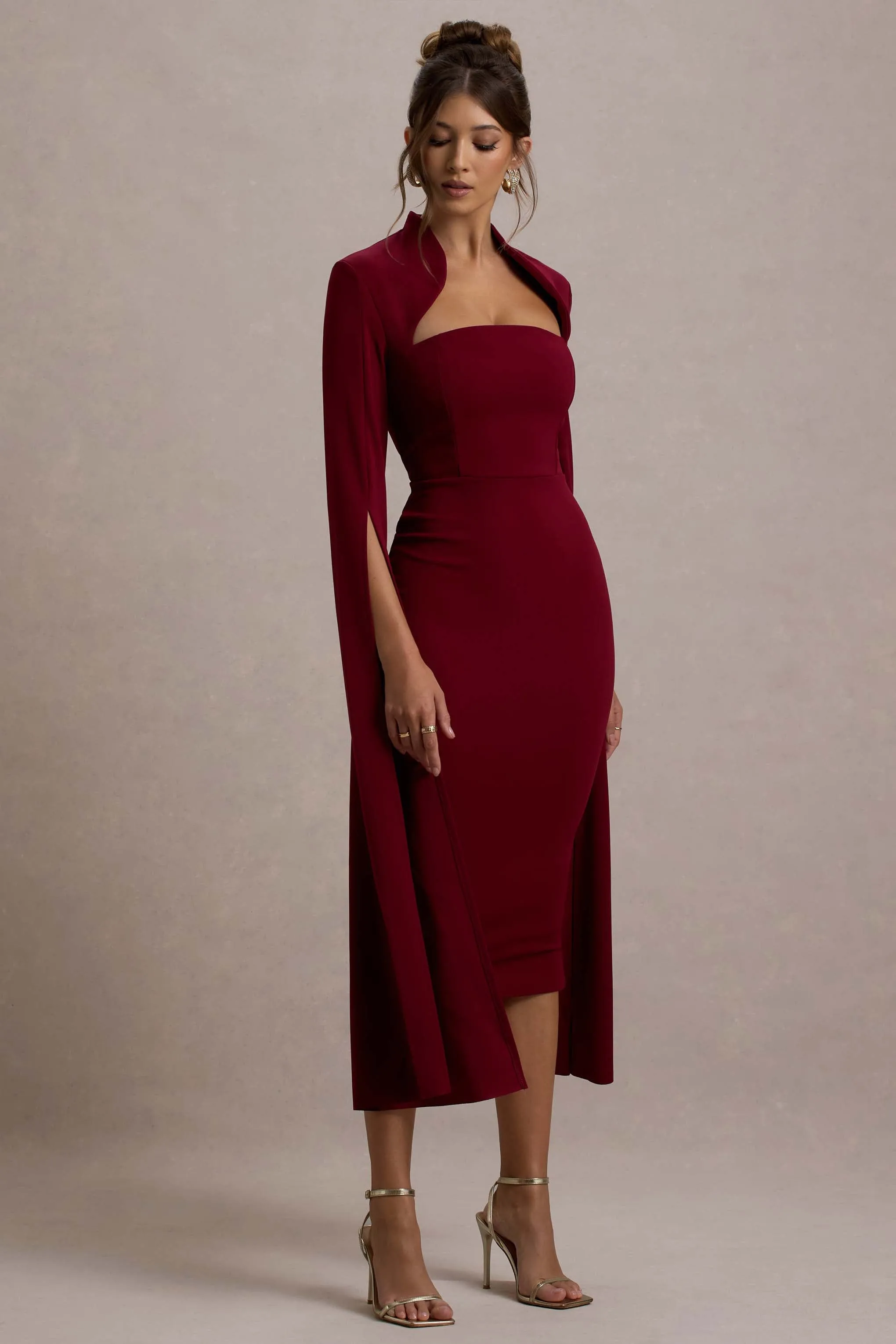 Linden | Berry Bodycon Cape-Sleeve Midi Dress